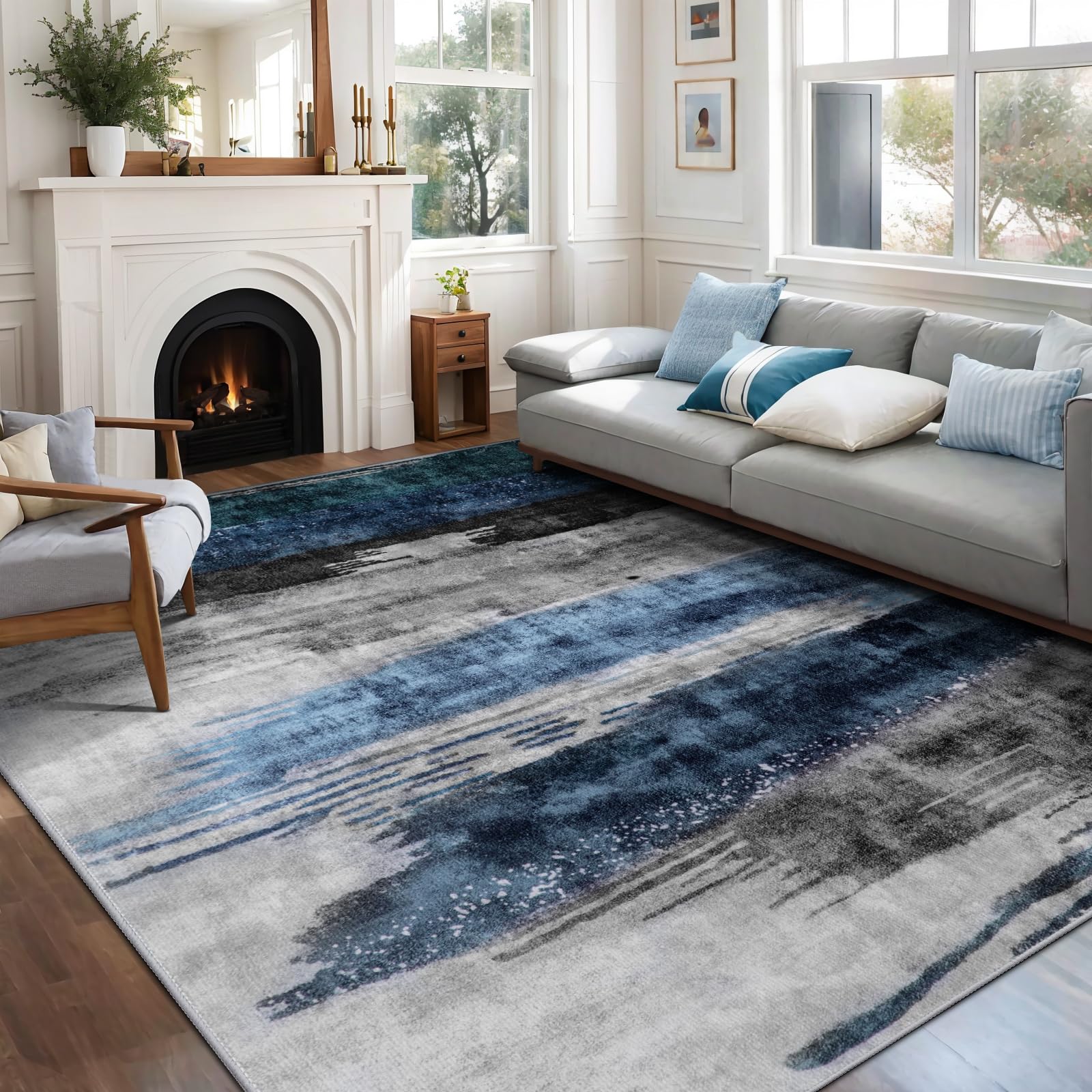 Ciicool Modern Abstract Area Rug 2x3 Washable Small Entryway Rug, Non-Slip Low Pile Throw Rug, Foldable Kitchen Bathroom Rugs, Blue Grey Floor Carpet for Entrance Living Room Bedroom Indoor Doormat
