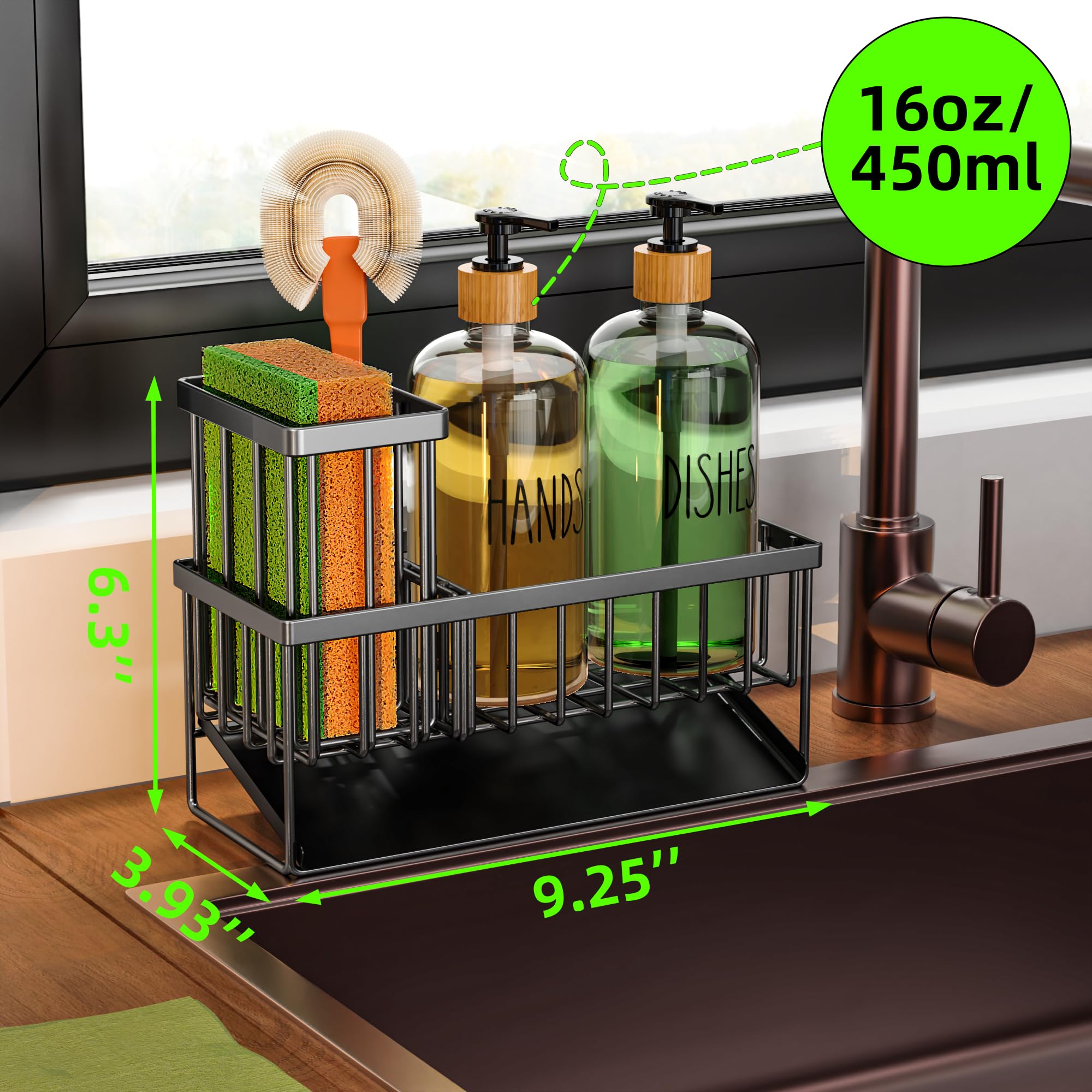 Cisily Kitchen Dish Soap Dispenser Set with 2 Pack 16.9oz Amber Glass Bottle and Sponge Holder, Dish Soap Dispensers with Adjustable Sponge Holder, Vintage Hand and Dish Soap Dispensers Set