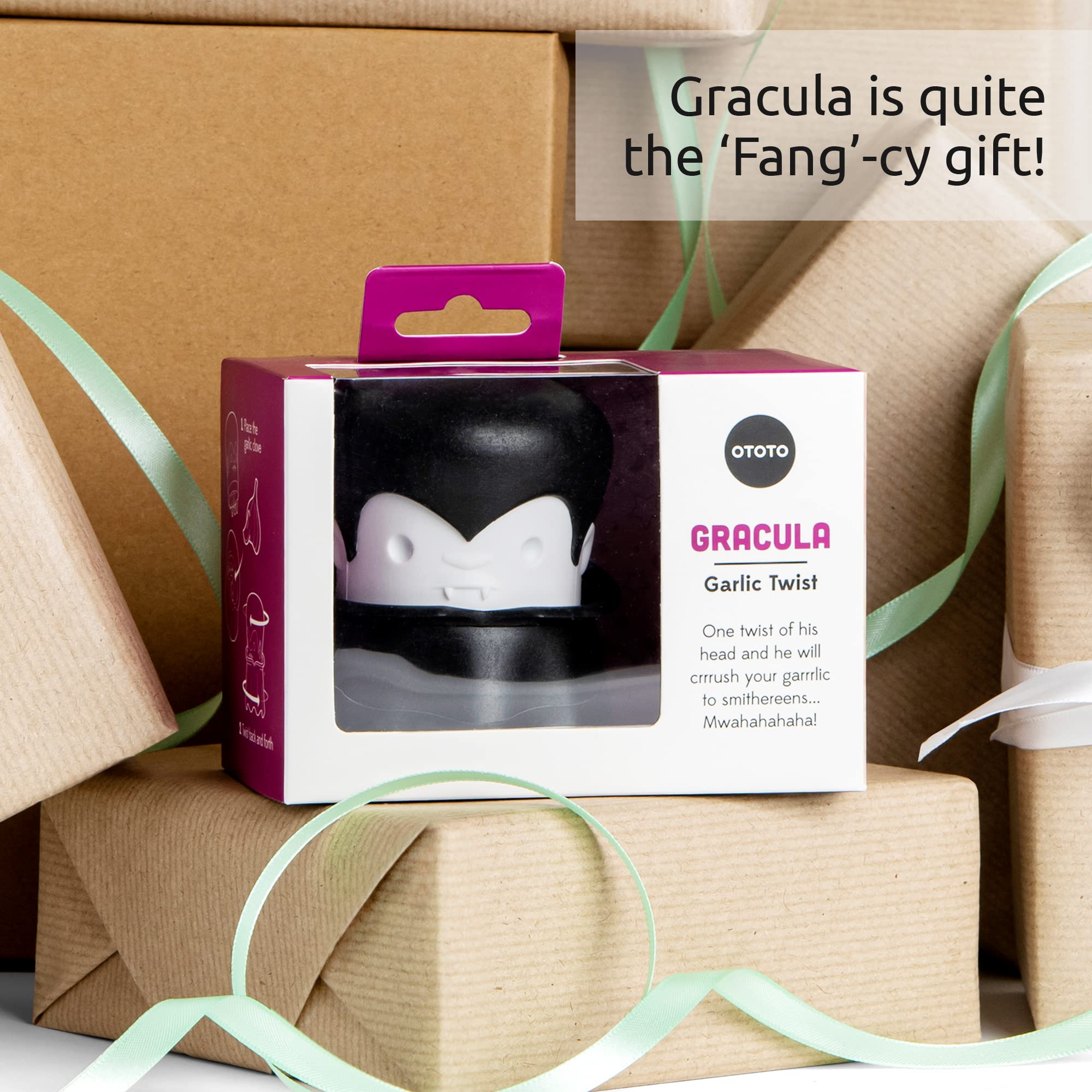 OTOTO Gracula Garlic Crusher, Garlic Mincer, Also for Ginger, Nuts, Chili, Herbs - Twist Top Mincer & Easy Squeeze Manual Press Peeler, Goth Gifts