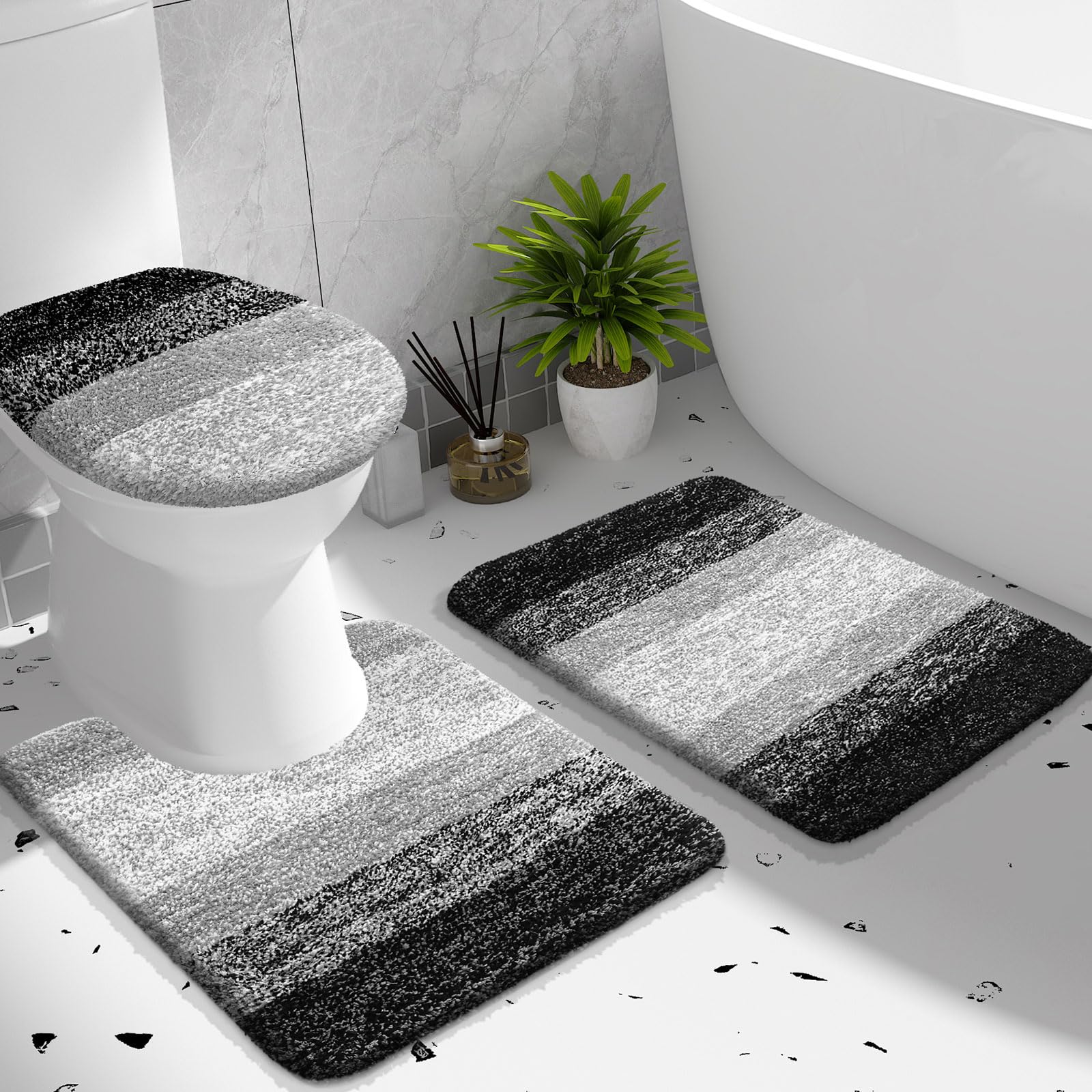 OLANLY Bathroom Rugs Sets 3 piece, Soft Microfiber Absorbent Bath Mat, U-Shaped Contour Toilet Mat and Toilet Lid Cover, Quick Dry, Machine Washable, Toilet Cover and Rug Set for Bathroom, Grey