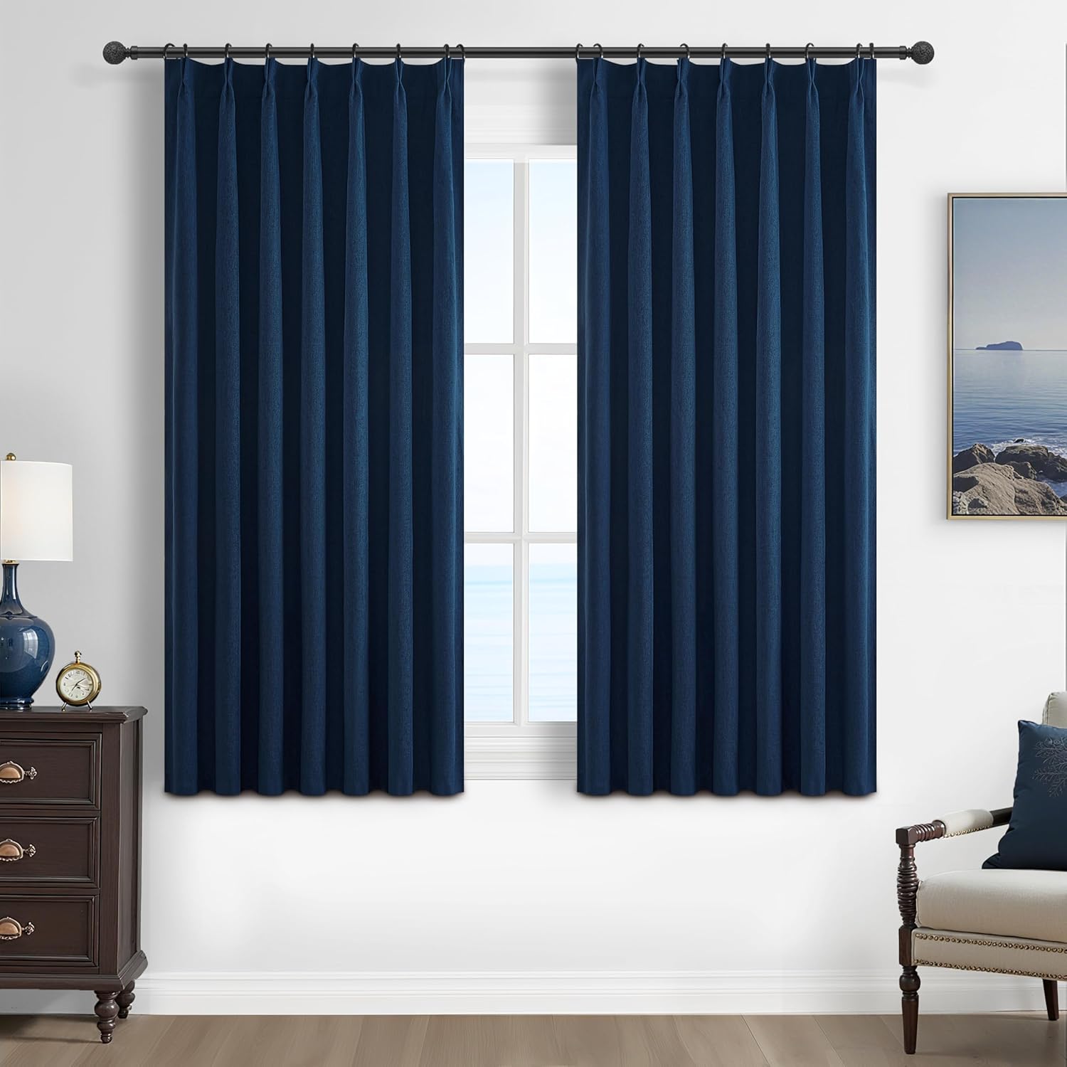 Natural Linen Pinch Pleated Blackout Curtains & Drapes 96 Inch Long Bedroom/Livingroom Farmhouse Curtains 2 Panel Sets, Neutral Track Room Darkening Thermal Insulated 8ft Back Tab Window Curtain