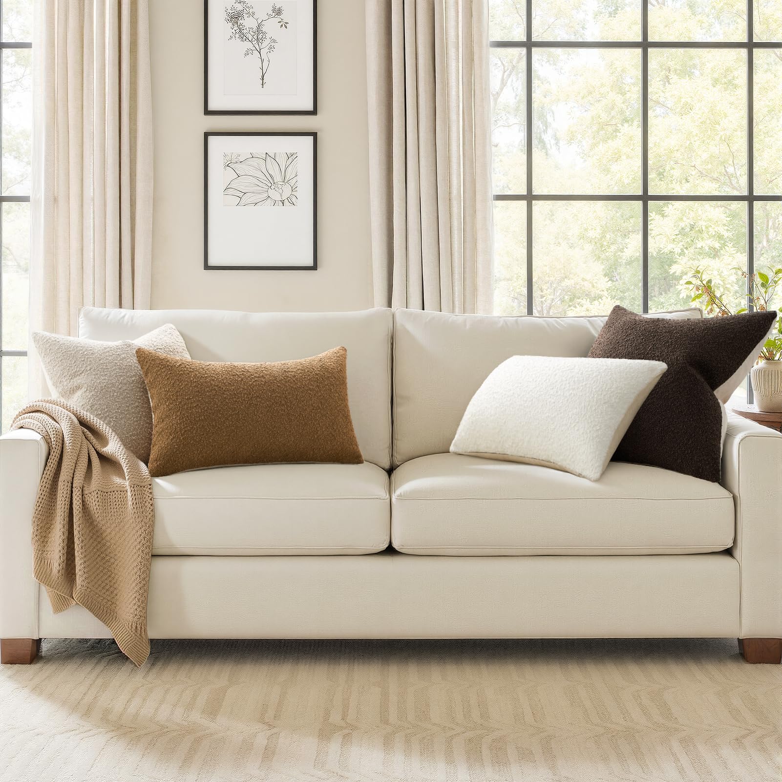 Topfinel Boucle Decorative Pillow Covers 18x18 Inches Set of 4 Neutral Cream Ivory White Pillowcase with Linen Cotton Back Chair Sofa Modern & Minimal Living Room Spring Home Decor
