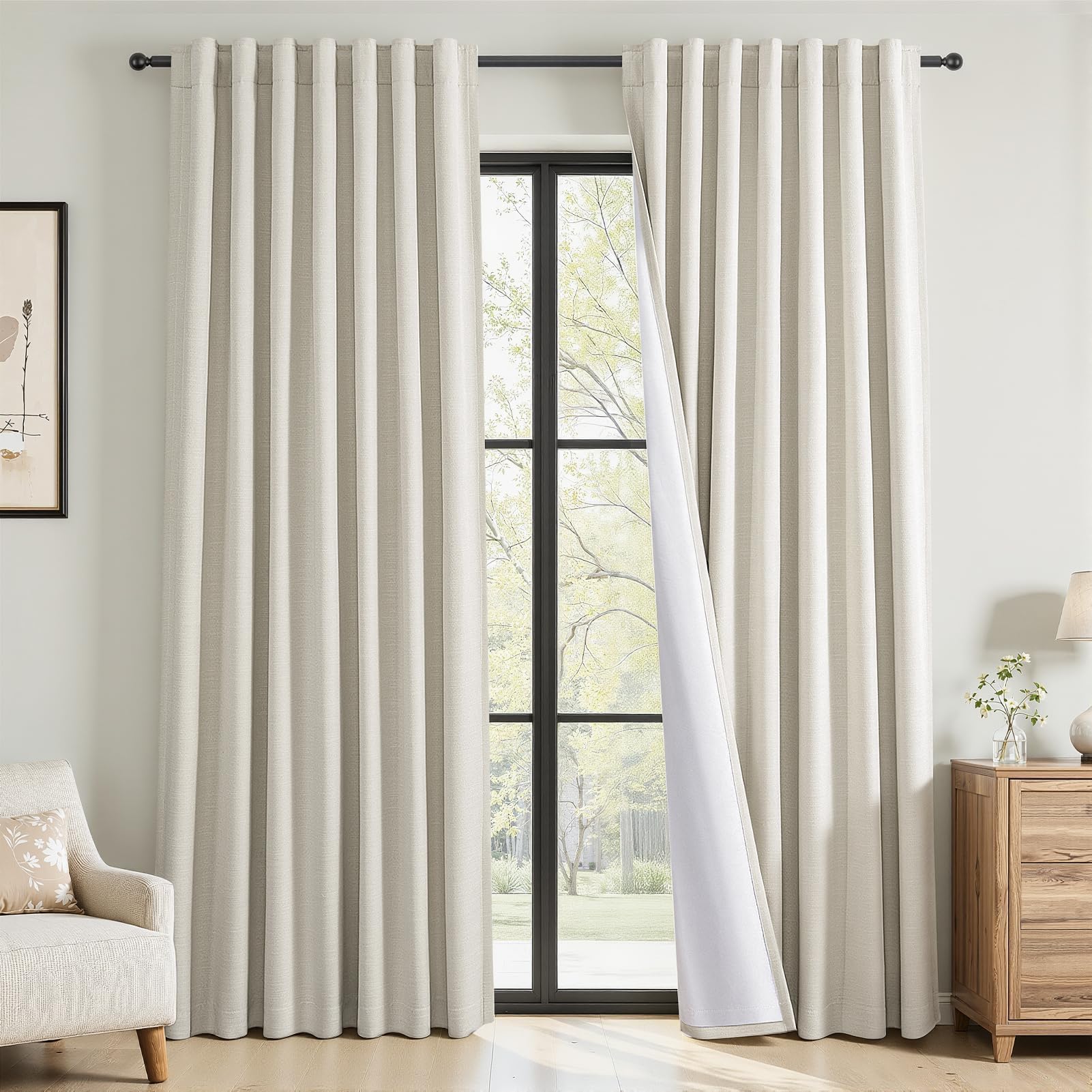 Topfinel 84 Inch Long Natural Blackout Curtains for Bedroom Livingroom, Farmhouse Back Tab Pinch Pleated Drapes for Track System,Neutral Linen Ambiance & Privacy Drapes Natural 52" W*84" L
