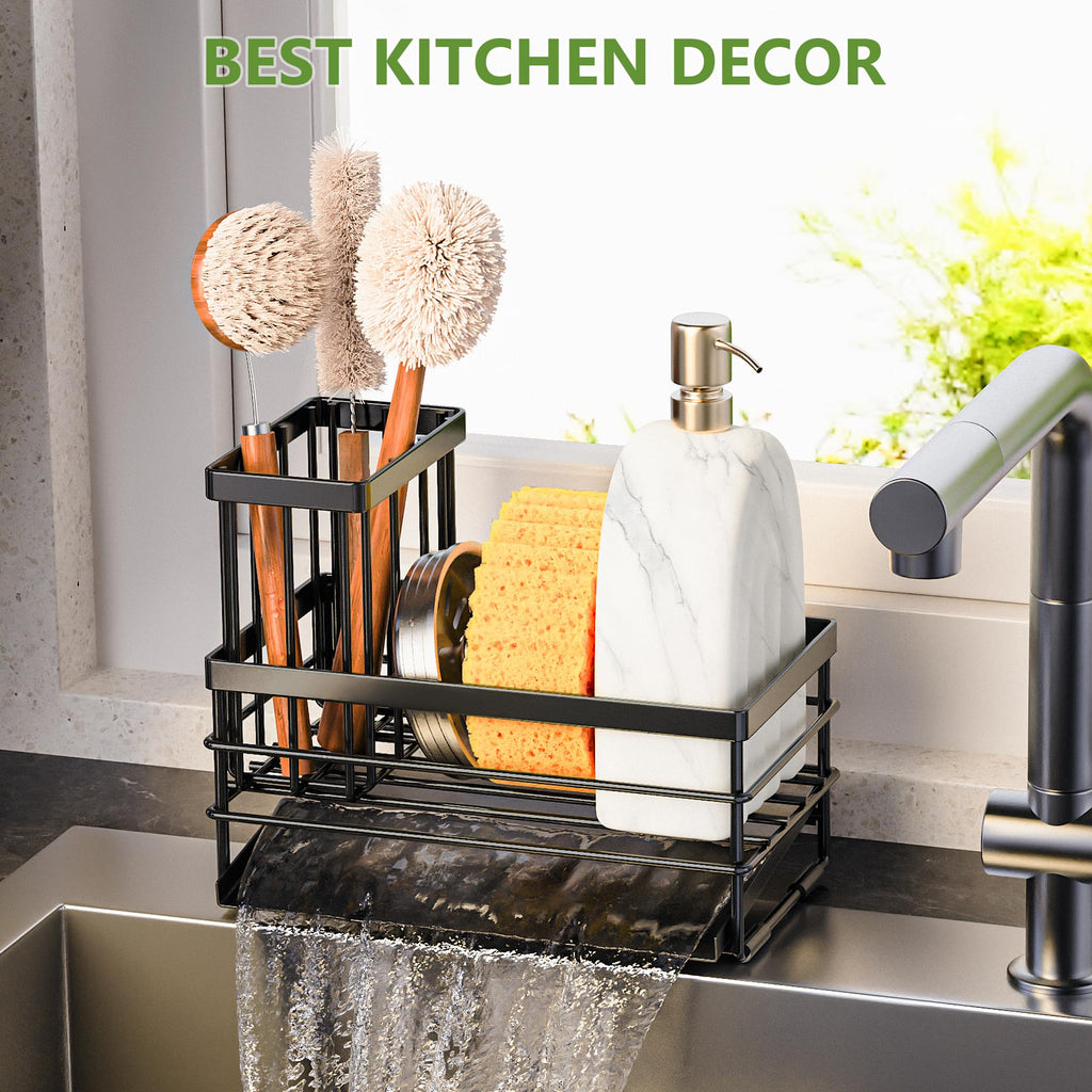 Cisily Sink Caddy Sponge Holder for Kitchen with Brush Holder and Stainless Steel Self Drain Tray, Rustproof Kitchen Sink Organizer for Sponge, Soap Dispenser Storage Accessories (Black)