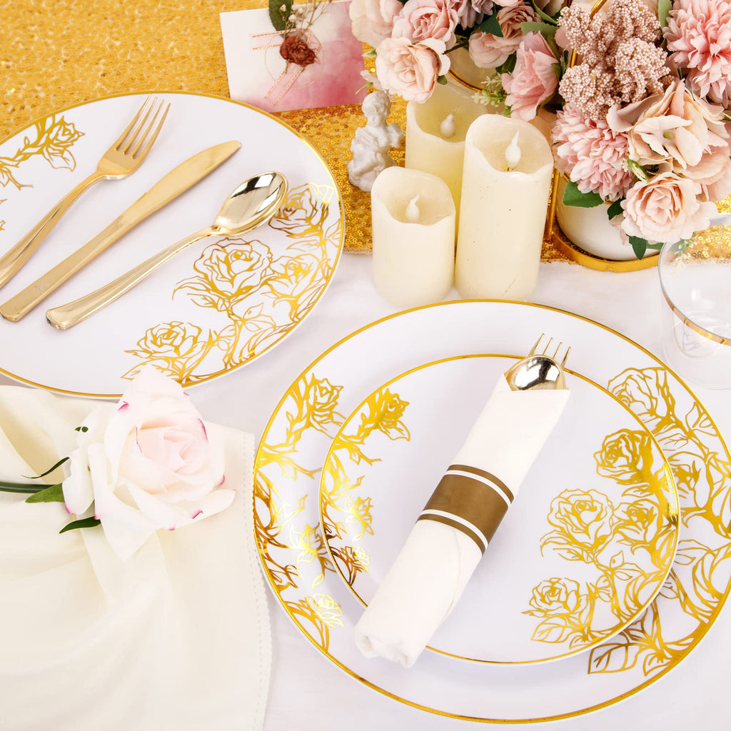 DaYammi 210Pcs White Gold Plastic Plates for Party,Gold Disposable Dinnerware Set Includes 60 gold Floral Plates,30 Plastic Silverware,30 Per Rolled Napkins,30 Cups for Mother's Day Party Wedding