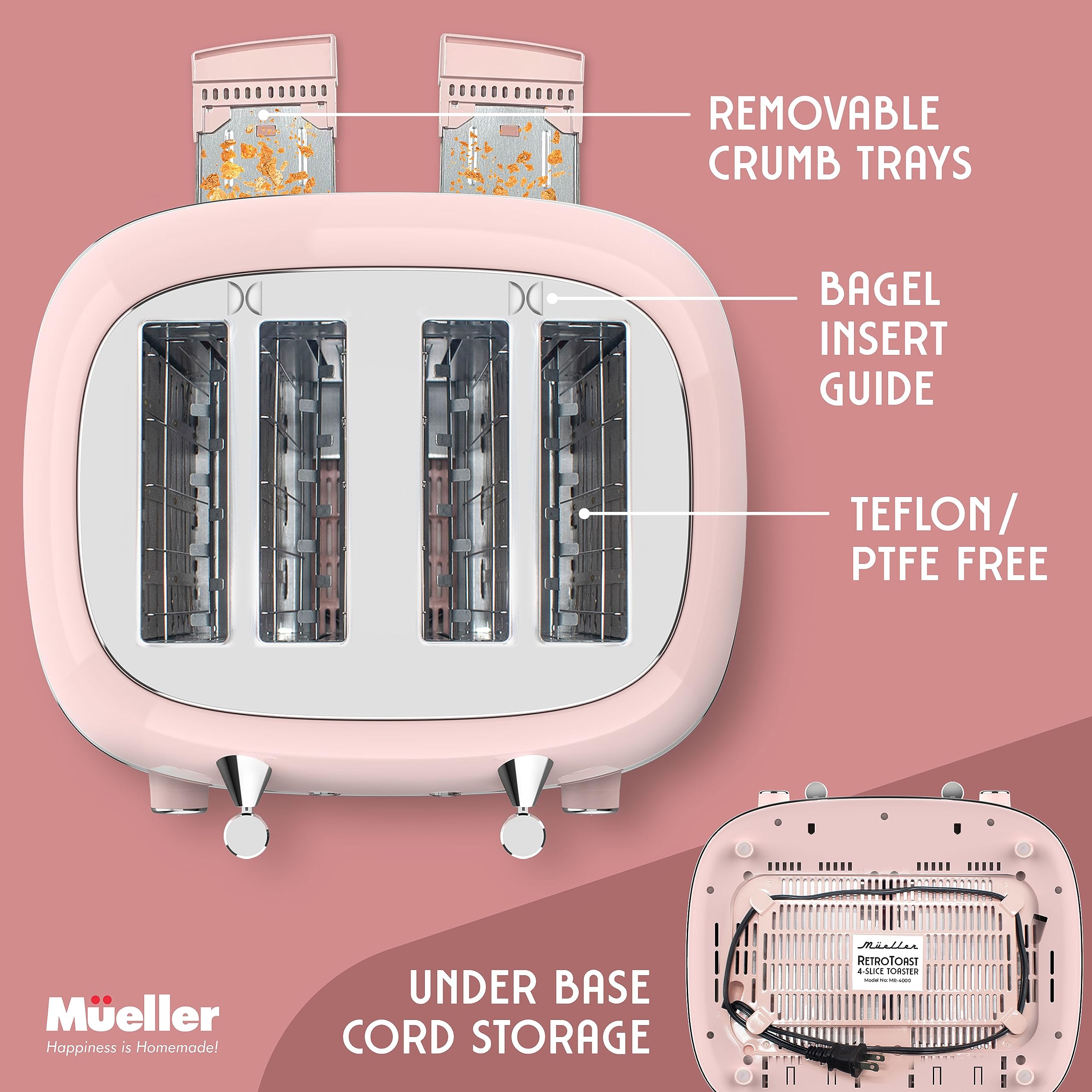 MUELLER HOME Retro Toaster 2 Slice, 7 Browning Levels, 3 Functions (Reheat, Defrost, Cancel), Stainless Steel Features, Removable Crumb Tray, Under Base Cord Storage, Turquoise