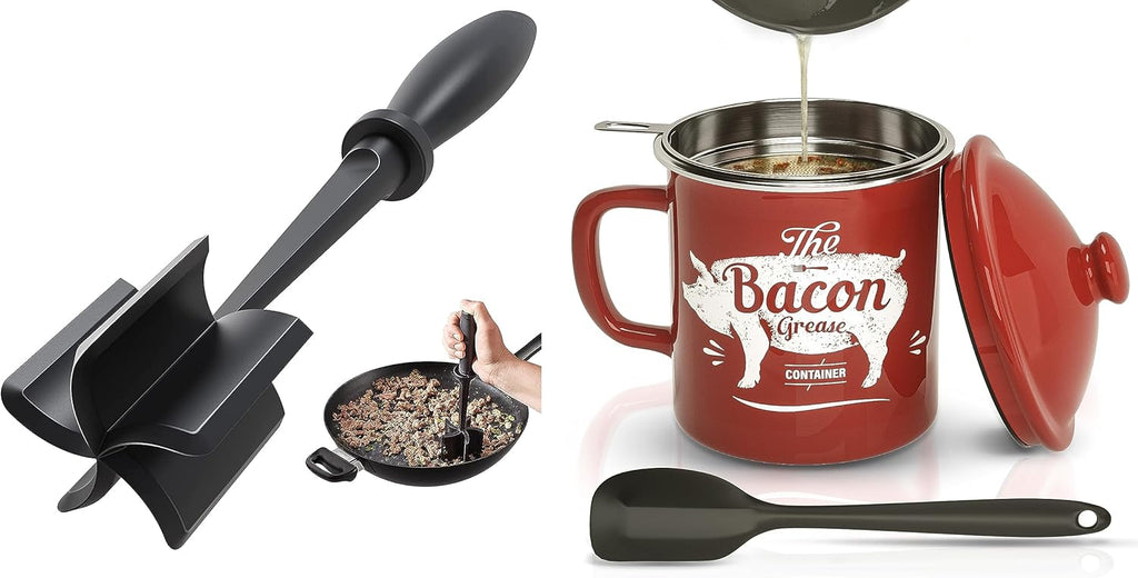 Black Meat Chopper and 46OZ Red Bacon Grease Container