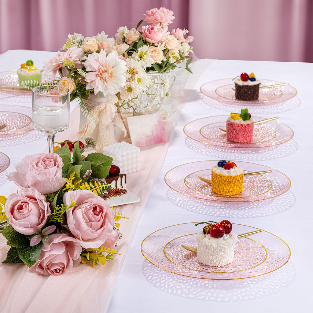 DaYammi 240Pcs Gold Plastic Plates Including 120Pcs Dessert Plates and 120Pcs Cake Forks,Hammered Party Plate,Clear Gold Appetizer plates Heavy duty Disposable Plastic Plate for Party Wedding Birthday