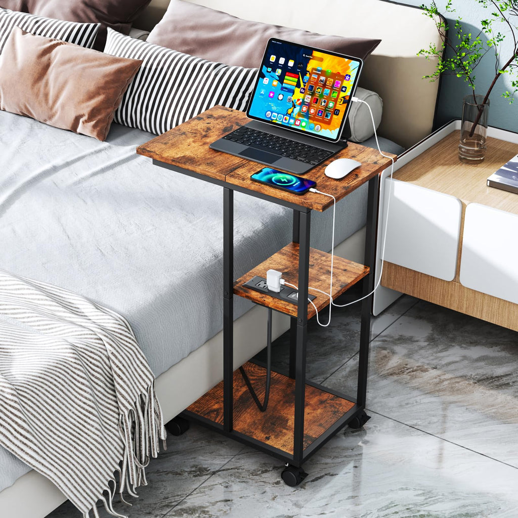 Homsorout C Shaped End Table - C Table on Wheels - Bedside Table with Wheels, Power Outlet and USB - Sofa Table for Living Room, Bedroom, Small Spaces - 27.2'' High, Brown