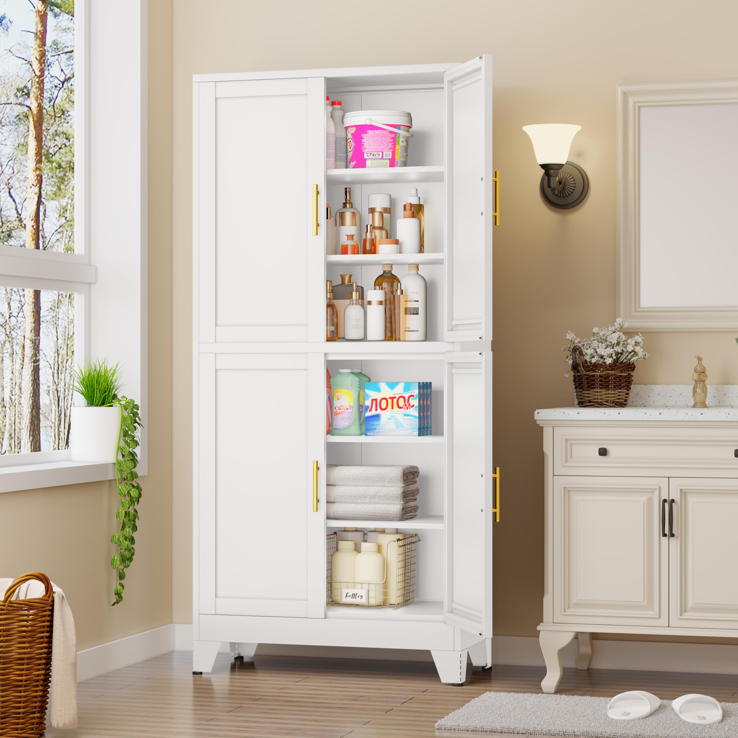 GAIOUS Metal Pantry Cabinet, Kitchen Pantry Storage Cabinets with 2 Door and 3 Adjustable Shelves, White Kitchen Pantry Cabinet, Freestanding Cupboard for Dining Room Living Room Bathroom