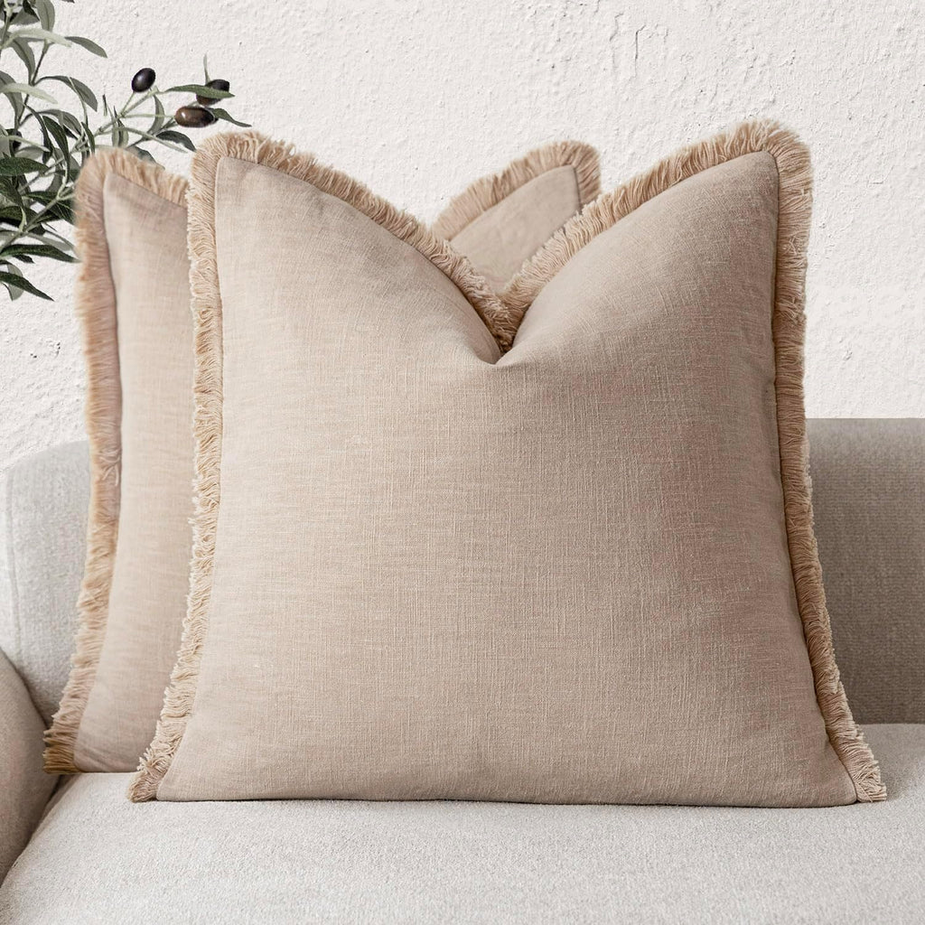 Foindtower Set of 2 Decorative Linen Fringe Throw Pillow Covers Cozy Boho Farmhouse Cushion Cover with Tassels Soft Accent Pillowcase for Couch Sofa Bed Living Room Home Decor,18×18 Inch,Navy Blue