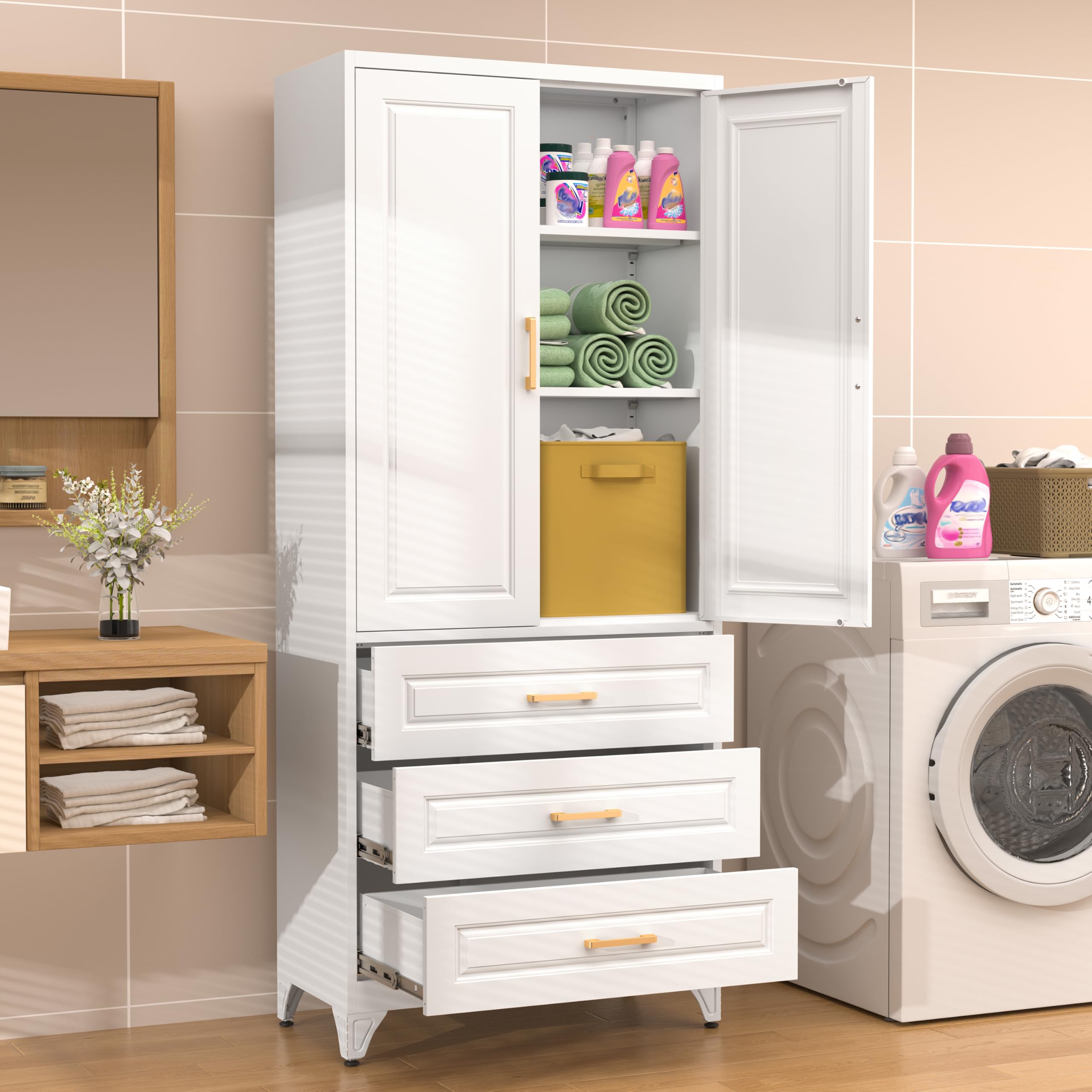 75" Tall Metal Kitchen Storage Cabinet,White Kitchen Pantry Storage Cabinet with Doors and 4 Adjustable Shelves,Utility Cabinet for Living Room,Garage,Dining Room and Office,Assemble Required