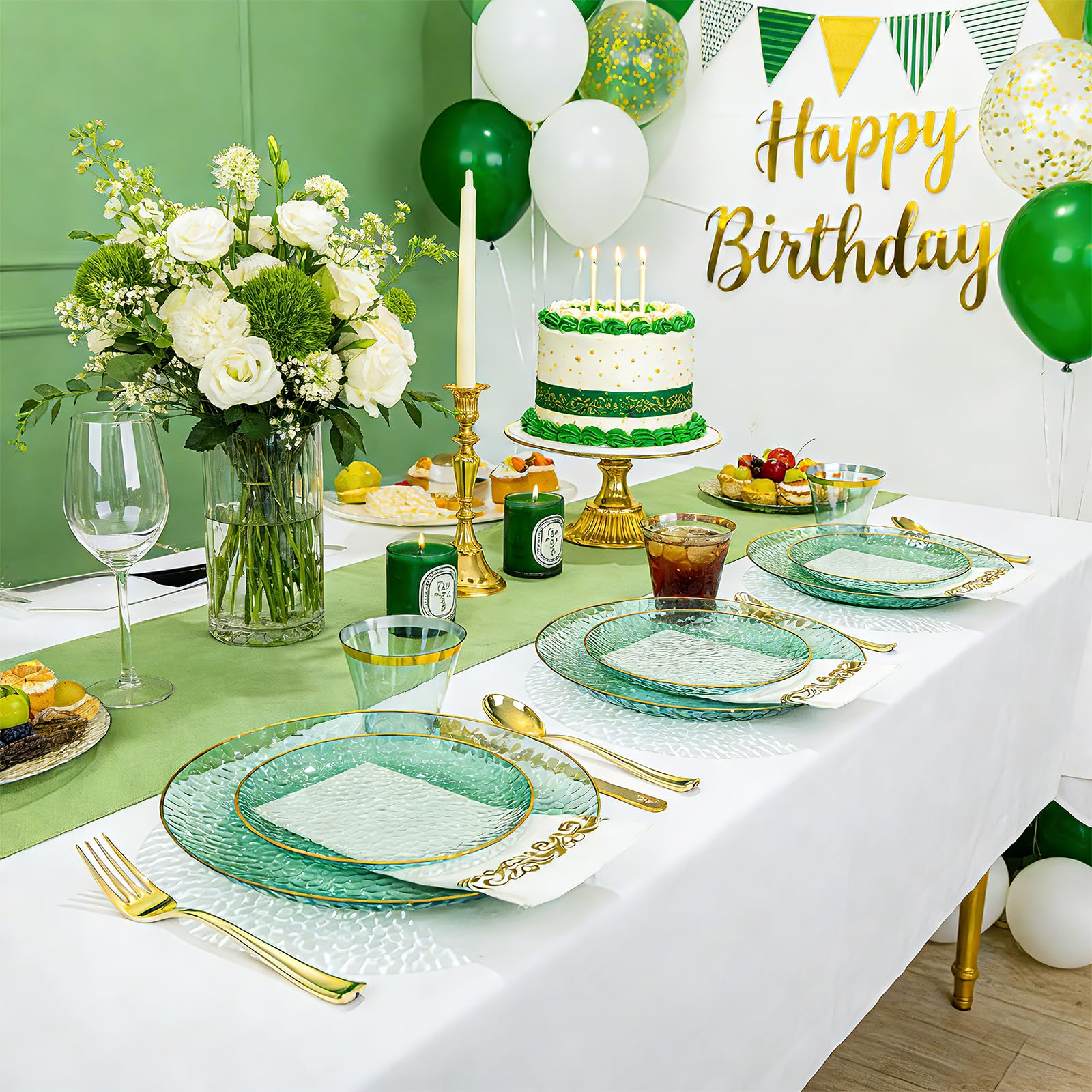 DaYammi 350PCS Clear Gold Plastic Dinnerware Set for 50 Guests, Hammered Disposable Plates for Party, Include: 50 Dinner Plates, 50 Dessert Plates, 150 Gold Silverware, 50 Napkins, 50 Cups