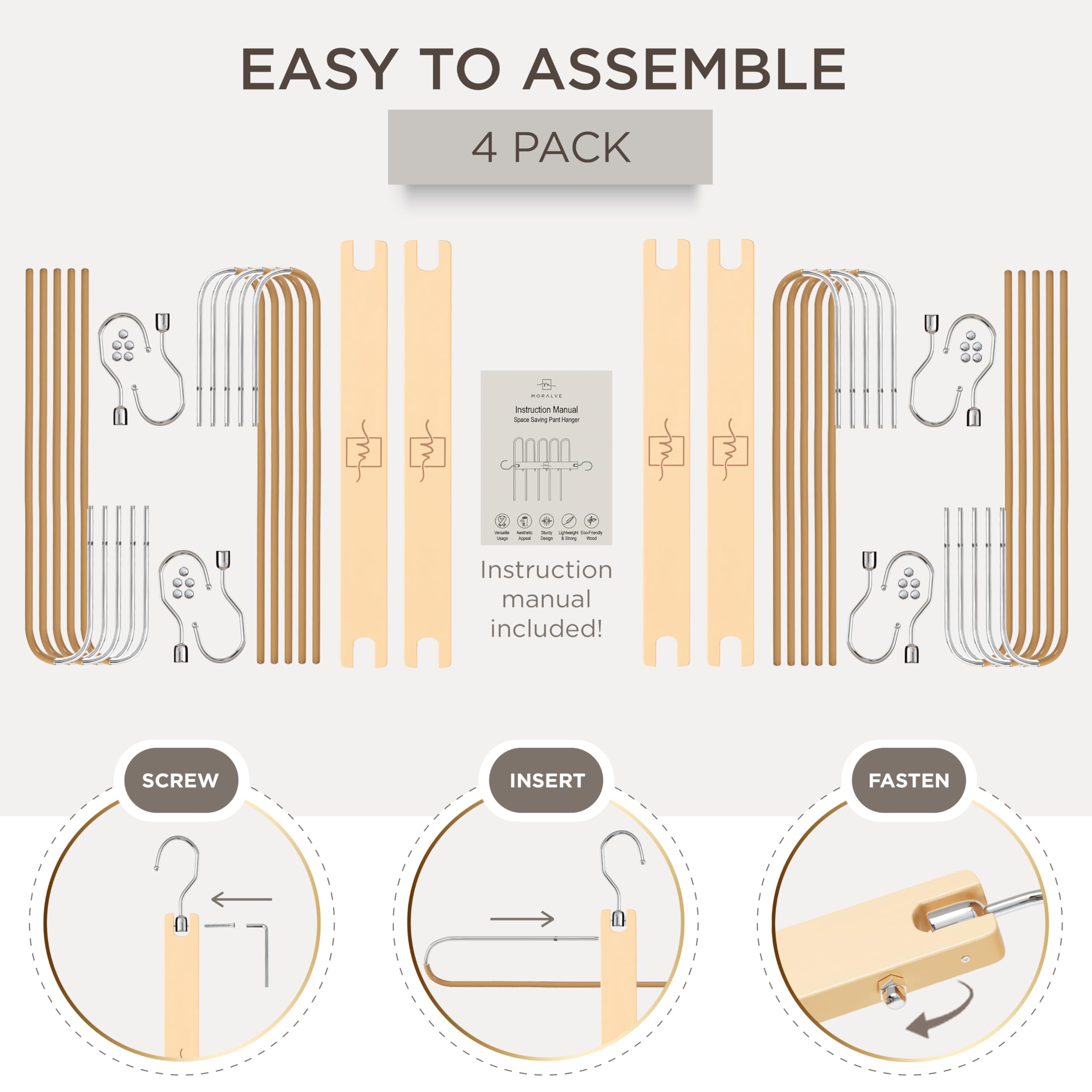 MORALVE Pants Hangers Space Saving - 2 Pack European Beechwood Scarf and Jean Hangers - Closet Organizer and Space Saver Pant Rack, Leggings Hanger, and Scarf Holder with 360° Swivel Hook