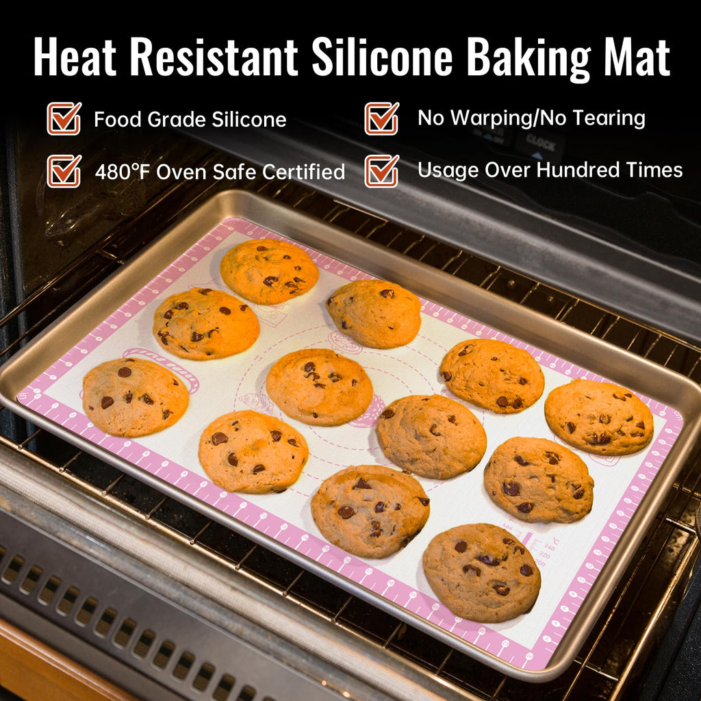 Silicone Baking Mat with Recipes, Extra Thick Silicone Mats for Baking, Non Stick Pastry Mat for Rolling Dough, Silicone Macaron Baking Mat for Cookie,Bread,Pizza,Fondant Mat, Oven&Dishwasher Safe