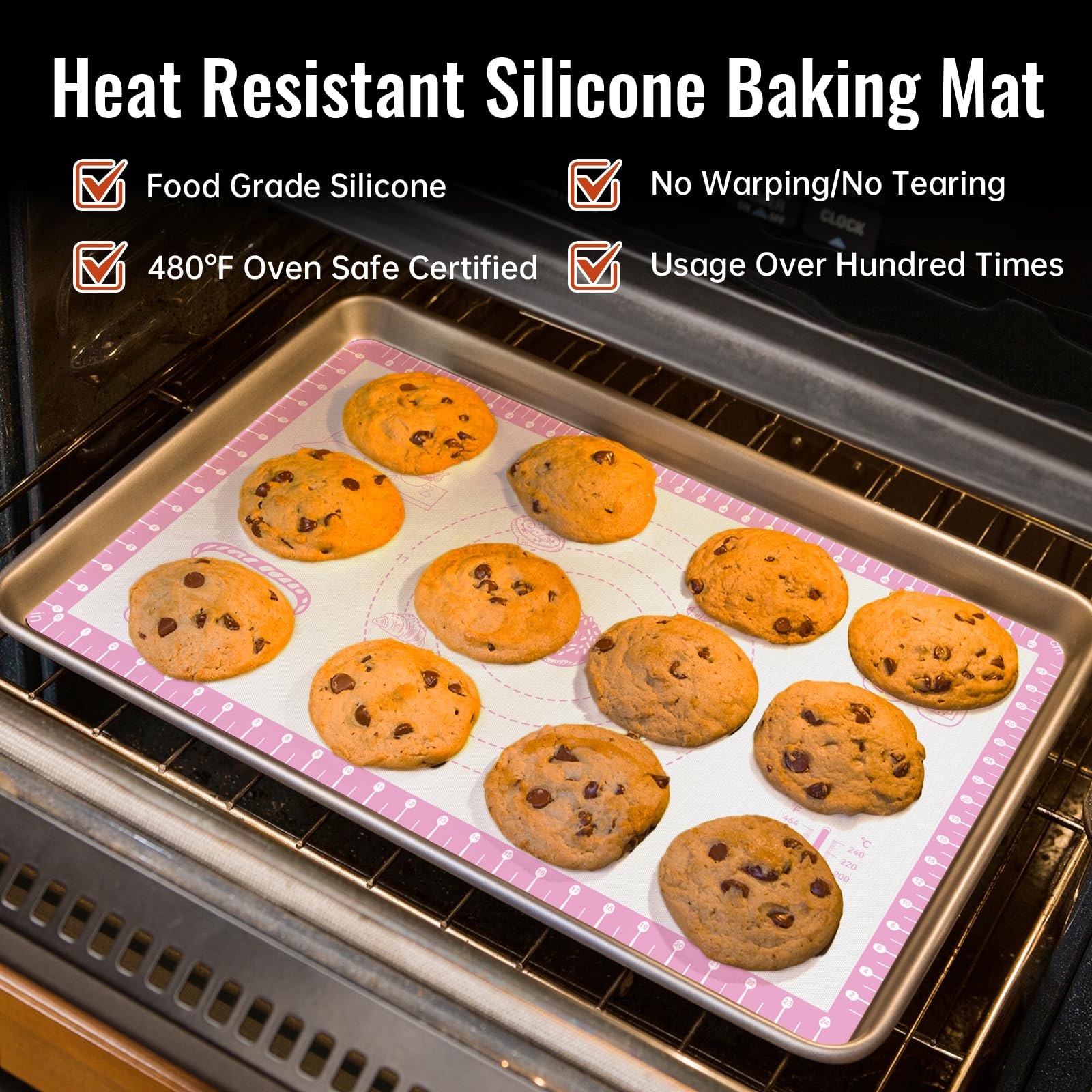 Silicone Baking Mat with Recipes, Extra Thick Silicone Mats for Baking, Non Stick Pastry Mat for Rolling Dough, Silicone Macaron Baking Mat for Cookie,Bread,Pizza,Fondant Mat, Oven&Dishwasher Safe