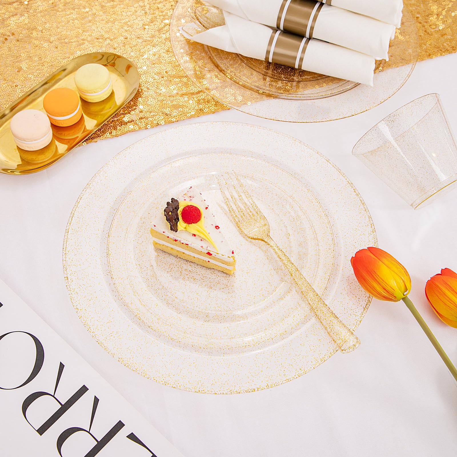 DaYammi 210Pcs White Gold Plastic Plates for Party,Gold Disposable Dinnerware Set Includes 60 gold Floral Plates,30 Plastic Silverware,30 Per Rolled Napkins,30 Cups for Mother's Day Party Wedding