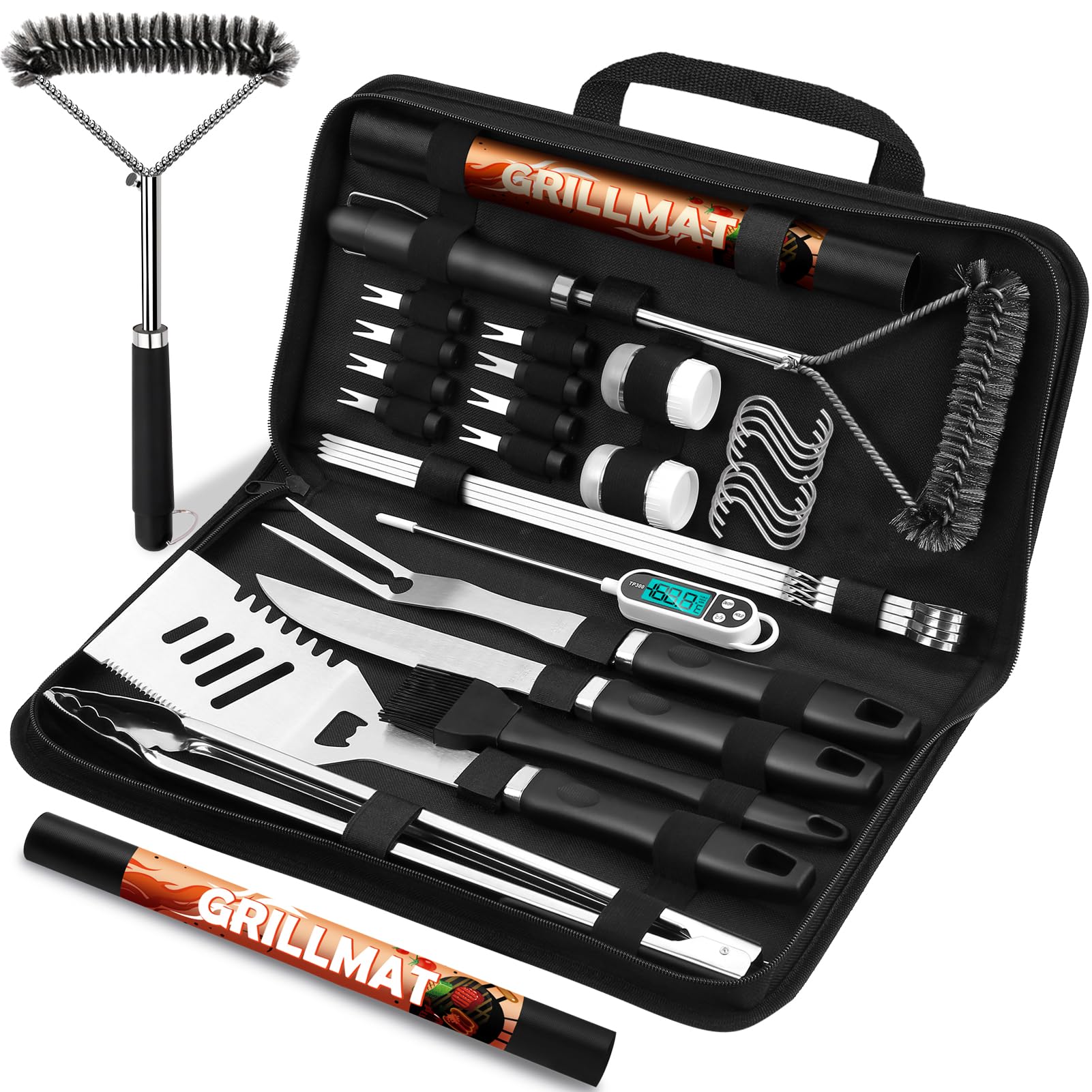 RINPIR 31pcs BBQ Grill Accessories Gifts for Men Dad, Heavy Duty Grilling Tools Gift Set for Father‘s Day, Stainless Steel BBQ Utensils Kit with Mats, Grill Brush in Carrying Bag Brown