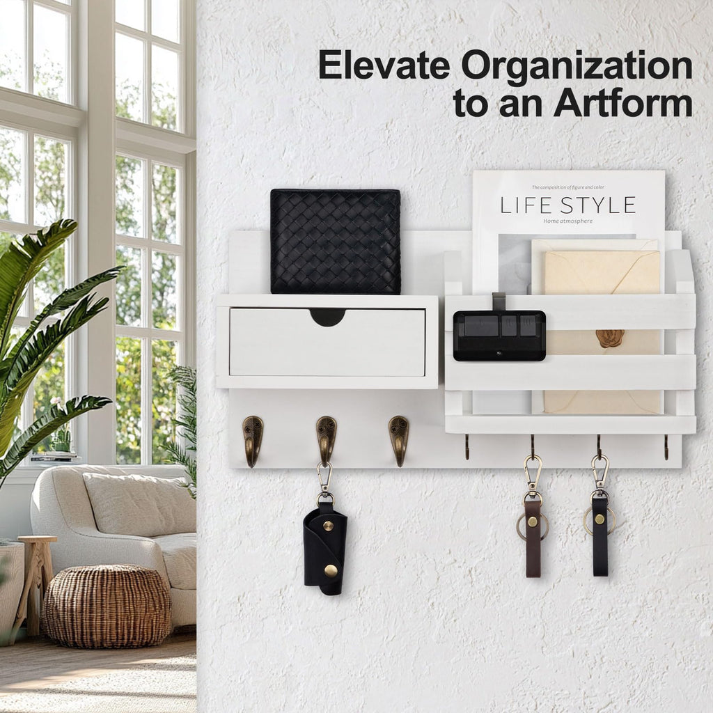 Wall Mount Key Holder with Mail Organizer, 100% Paulownia Wood, 7 Metal Hooks, Storage Drawer, Entryway Home Decor (Brown)