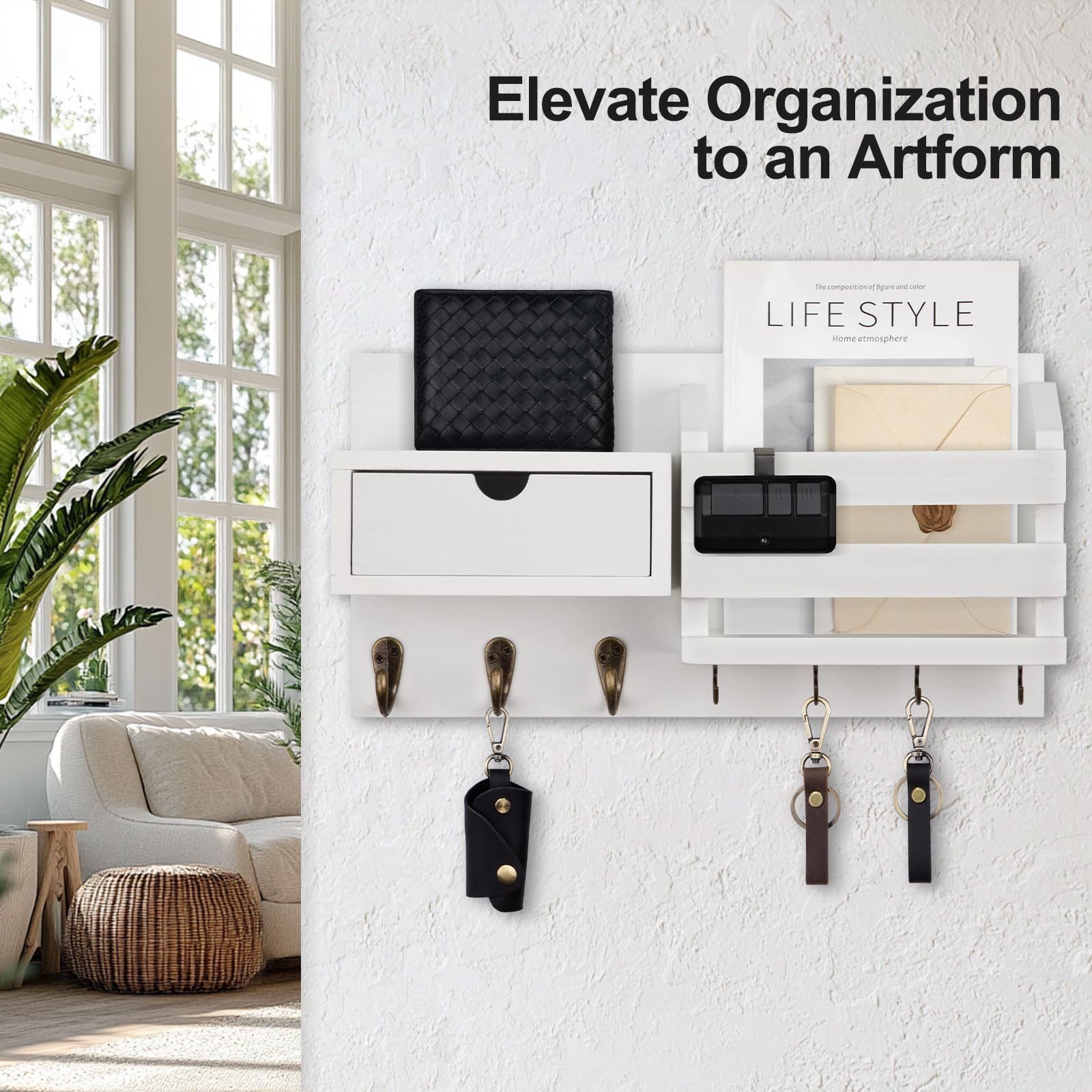 Wall Mount Key Holder with Mail Organizer, 100% Paulownia Wood, 7 Metal Hooks, Storage Drawer, Entryway Home Decor (Brown)