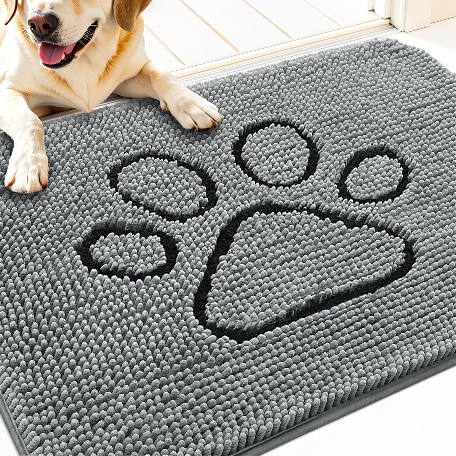 OLANLY Dog Door Mat for Muddy Paws 30x20, Absorbs Moisture and Dirt, Absorbent Non-Slip Washable Doormat, Quick Dry Chenille Mud Mat for Dogs, Entry Indoor Entryway Carpet for Inside Floor, Grey