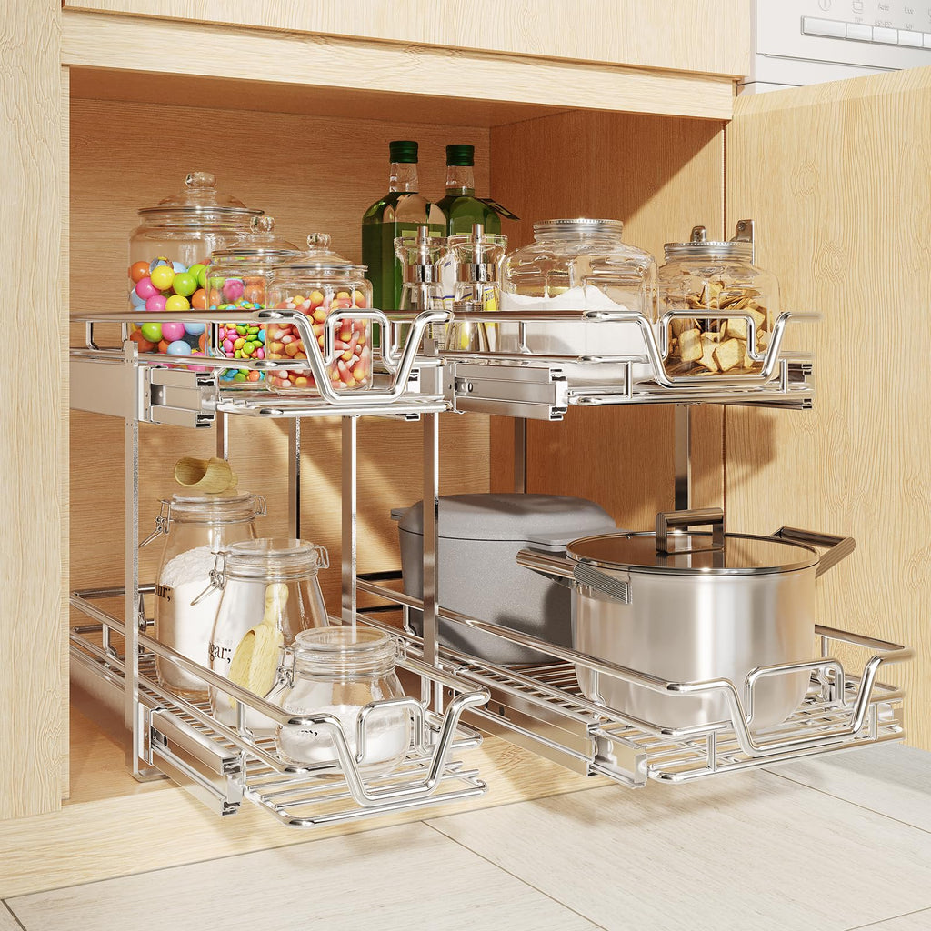 2-Tier Kitchen Cabinet,Pull Out Cabinet Organizer,Shelf and Drawer Organizer Slide Out Pantry Storaqe Basket in Multiple Sizes (12" W x21 D)