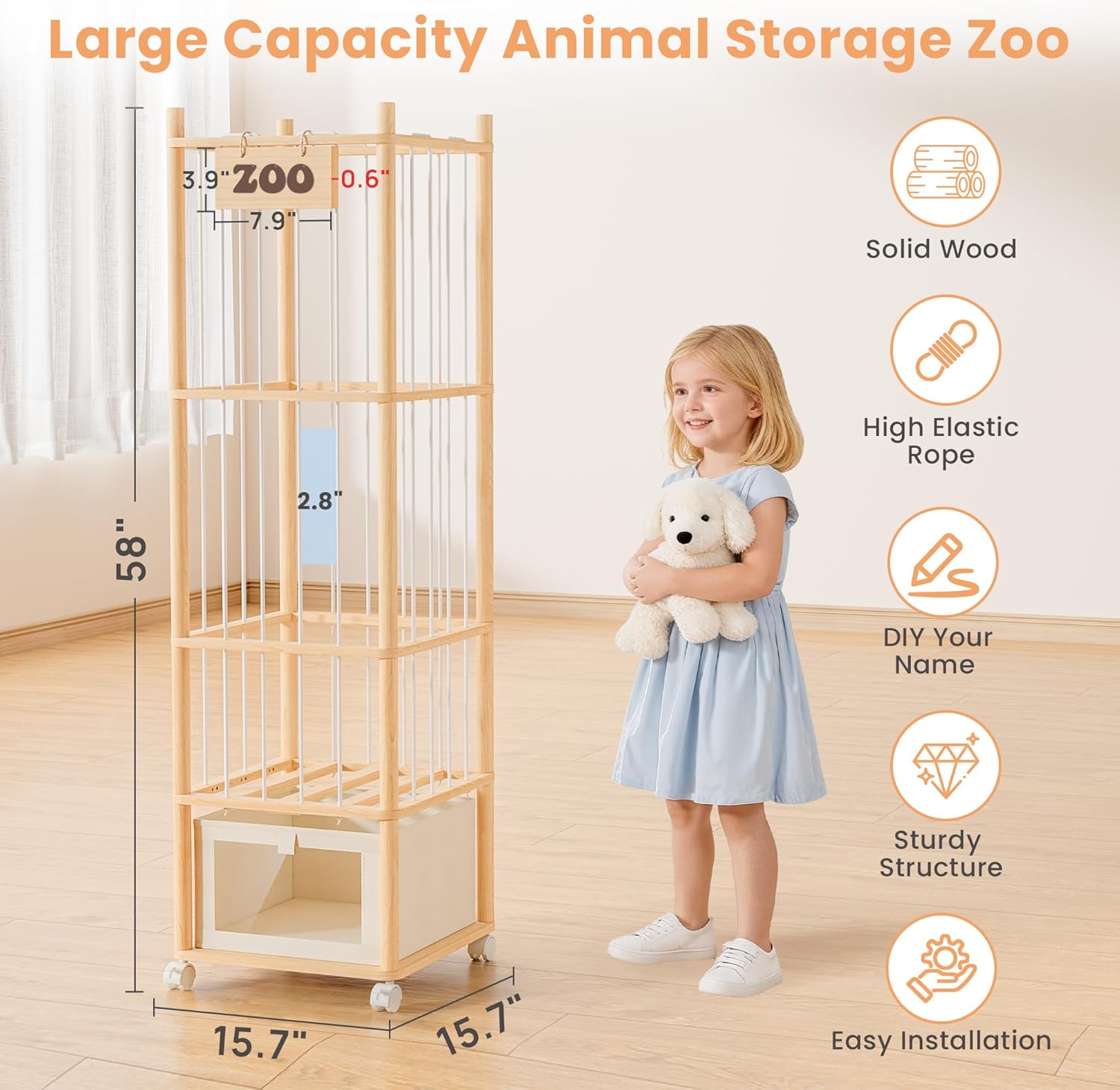upsimples 58in Stuffed Animal Storage with Drawer and Wheels, Solid Wood Large Capacity Plushies Holder & Toy Organizer for Nursery, Kids Bedroom Corner and Play Room
