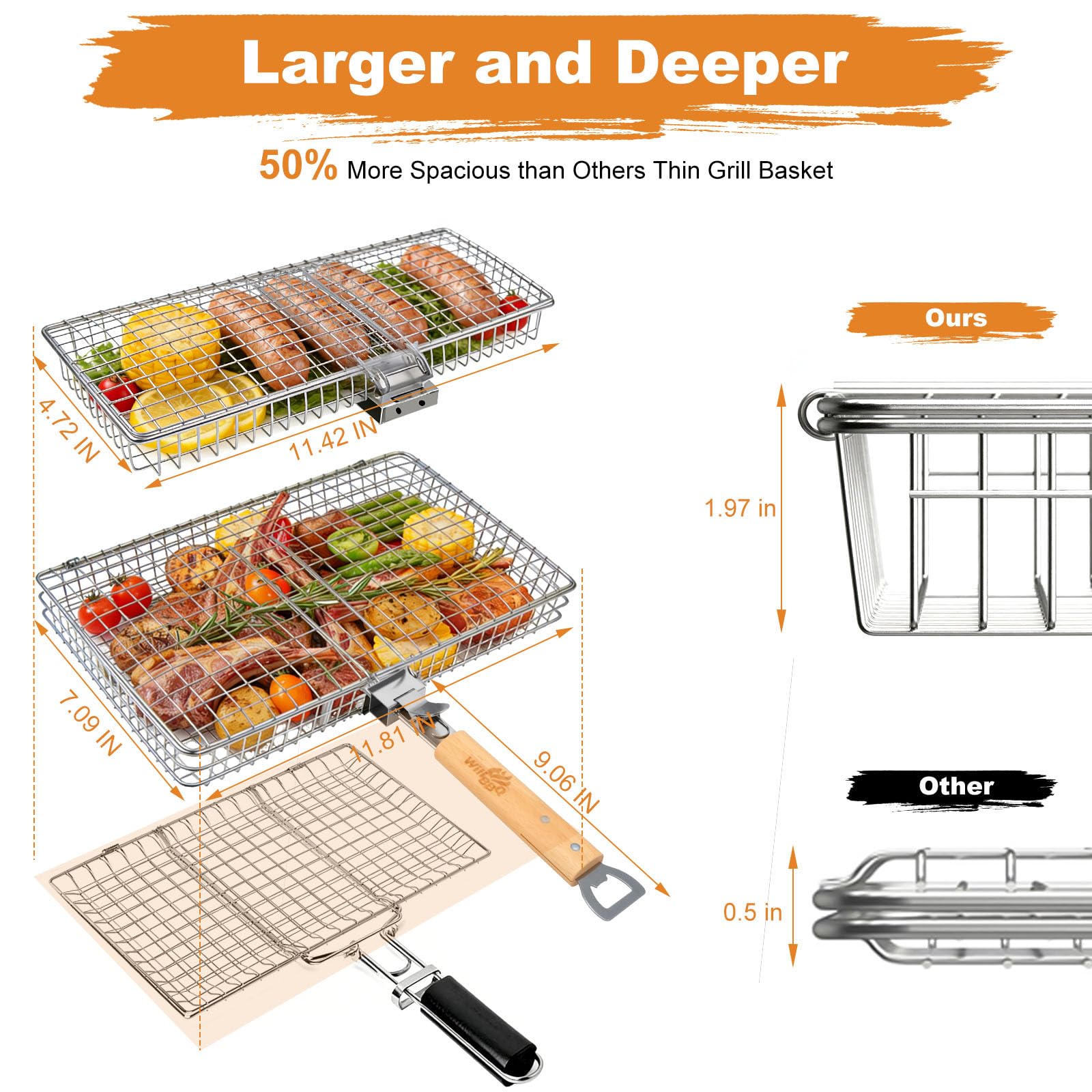 WILLBBQ Grill Basket Set for Camping Outdoor BBQ, Includes 2 Sizes, Removable Divider, Basting Brush, Folding Portable Wooden Handles, Stainless Steel Fish Grilling Veggie Meat Baskets(Stainless Steel Color)