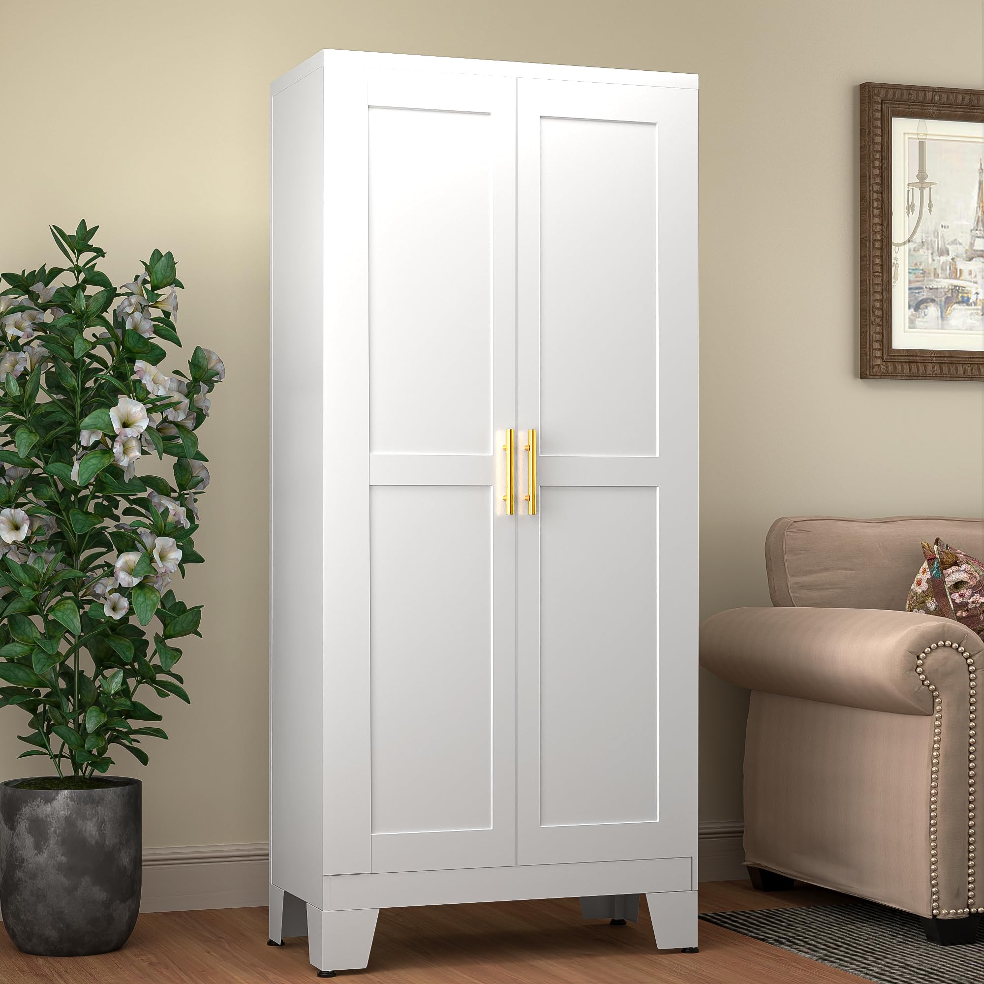 GAIOUS Metal Pantry Cabinet, Kitchen Pantry Storage Cabinets with 2 Door and 3 Adjustable Shelves, White Kitchen Pantry Cabinet, Freestanding Cupboard for Dining Room Living Room Bathroom