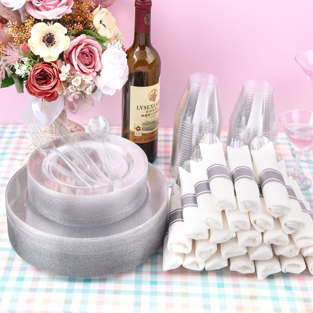 DaYammi 350PCS Gold Plastic Dinnerware Set for 50 Guests, Fancy Disposable Plates for Party, Include: 50 Dinner Plates, 50 Dessert Plates, 50 Pre Rolled Napkins with Gold Silverware, 50 Cups