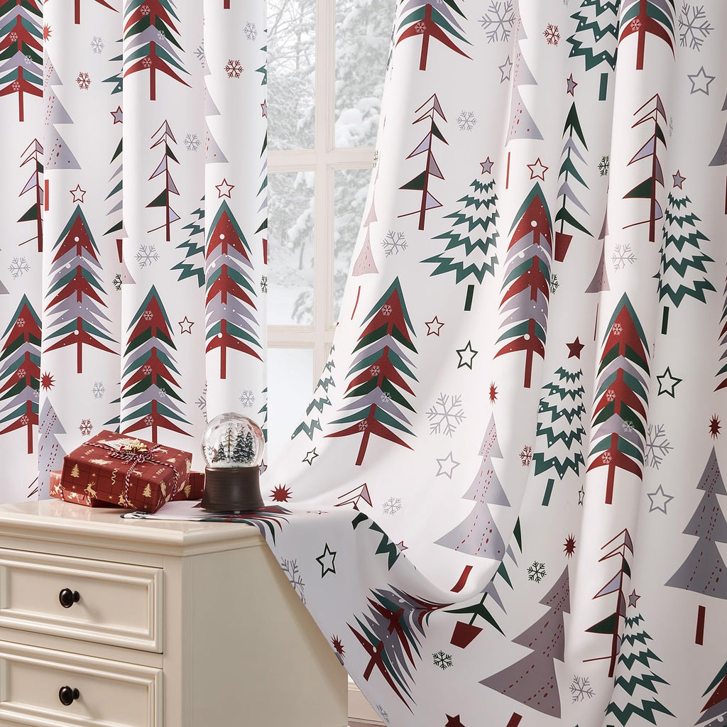 Topfinel Christmas Curtains 84 Inch Length for Living Room 2 Panels Set,Grommet Xmas Decoration Window Curtains with Christmas Tree and Snowflake Print for Bedroom,Set of 2,52x84 Inches Long,White