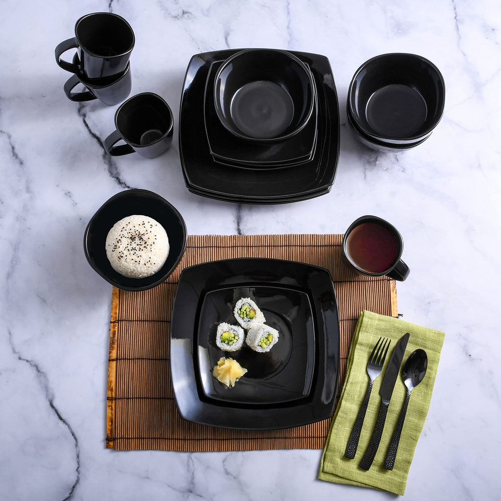 Gibson Elite Soho Lounge Square 16-Piece Dinnerware Set, Service for 4, Reactive Glaze Stoneware Plates and Bowls, Modern Dishes, Microwave & Dishwasher Safe – Red and Black
