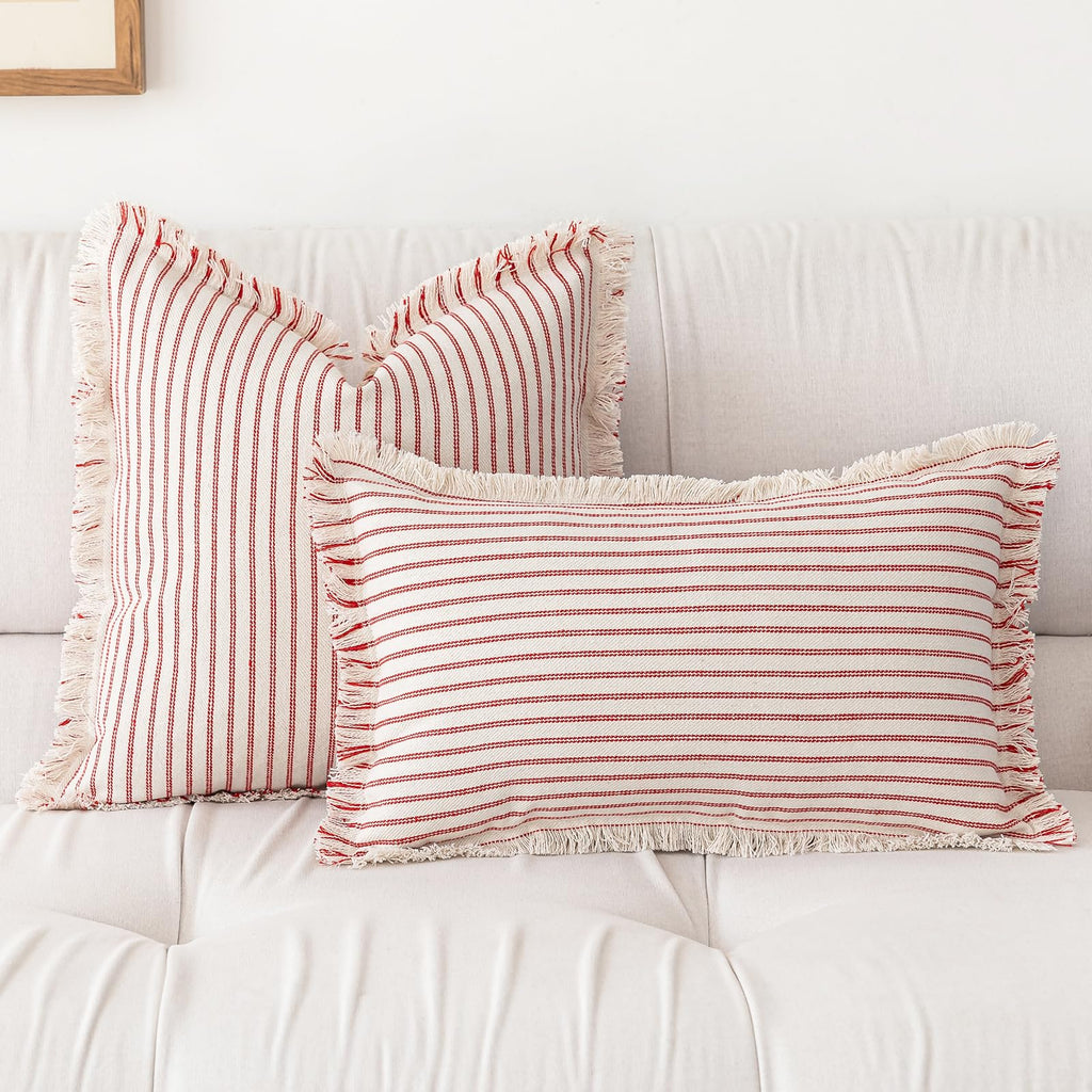 YEENAASY Throw Pillow Covers 20x20 Set of 2 Striped Fringe Pillow Cover Farmhouse Cushion Covers with Tassel Neutral Boho Pillows Decorative Square Pillowcase for Couch Sofa Bed, Black