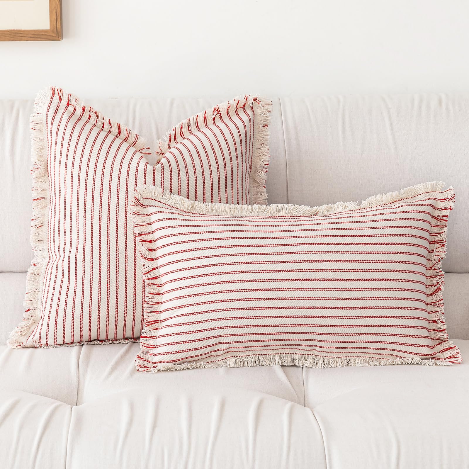 YEENAASY Throw Pillow Covers 20x20 Set of 2 Striped Fringe Pillow Cover Farmhouse Cushion Covers with Tassel Neutral Boho Pillows Decorative Square Pillowcase for Couch Sofa Bed, Black