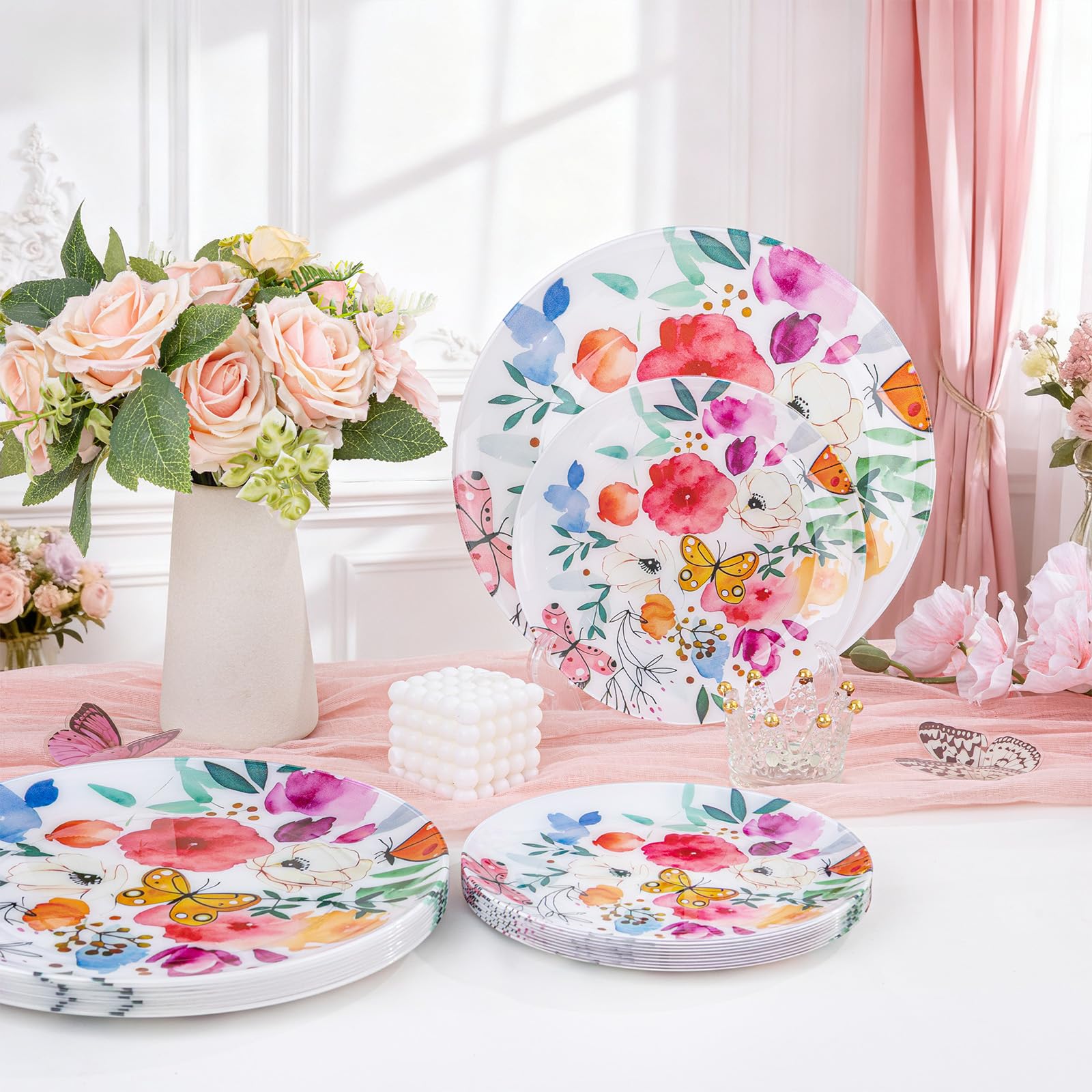 DaYammi 20Pcs Floral Disposable Plastic Plates-Disposable Heavy duty Watercolor Floral Plastic Plates 10.25 inch Dinner plates and 7.5 inch Dessert plates, Disposable Plate for Party Mother's Day