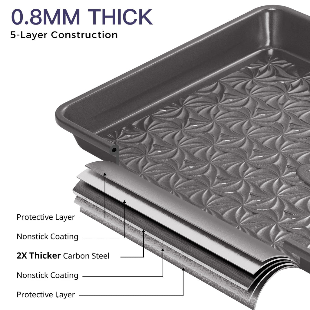 HONGBAKE Nonstick Baking Sheet Pan Set of 3, Cookie Sheets for Oven, Non-Toxic Half/Quarter/Jelly Roll Pans with Floral Swirl Texture, Heavy Duty 0.8mm Thick Oven Trays for Cooking, Dark Gray