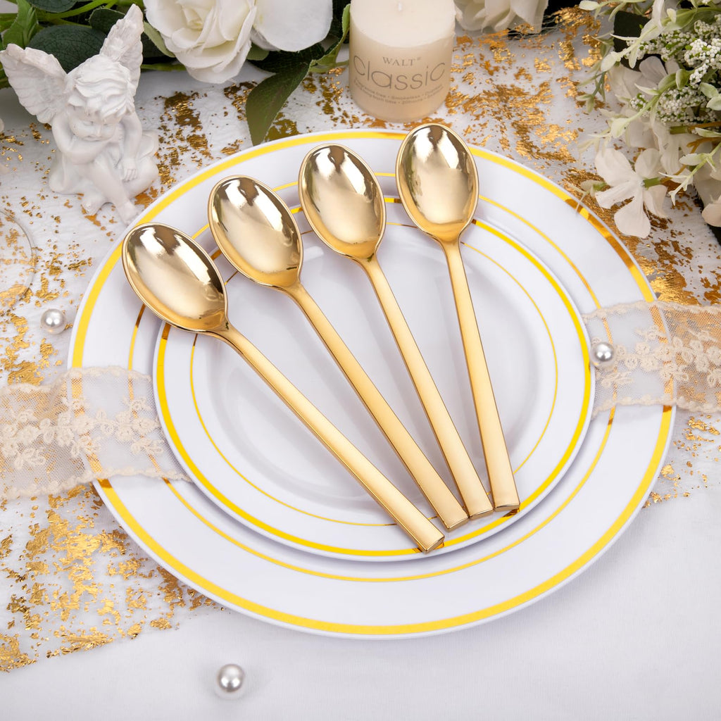 DaYammi 100Pcs Gold Plastic Spoons, Disposable Silverware, plastic Cutlery Heavy Duty Disposable Flatware Dinnerware Perfect for Dinner Parties, Gold disposable Spoons for Party Wedding Dinner