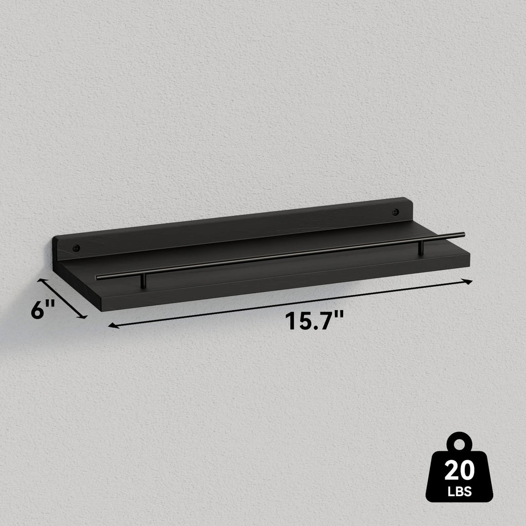 WOPITUES Floating Shelves with Black Metal Guardrail, Shelves for Wall Decor Set of 3, Wall Shelves for Bedroom, Bathroom, Kitchen, Living Room, Plants, Picture Frames, Art- Black