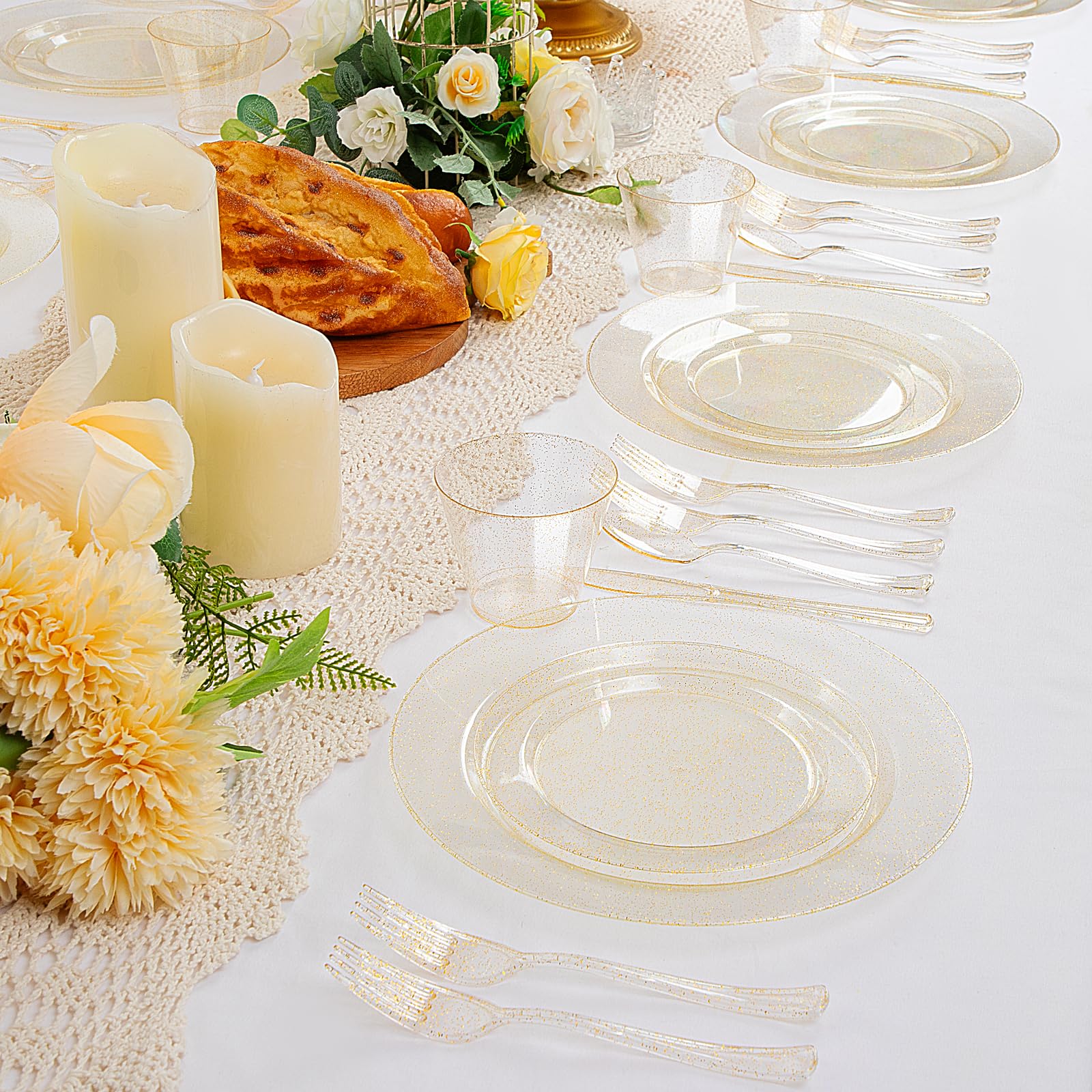 WELLIFE 600 PCS Silver Disposable Dinnerware Set for 100 Guests, Wedding Reception Plates & Silver Plastic Tableware, Dinner & Salad Plates, Cups, Forks, Knives & Spoons for Weddings & Elegant Events
