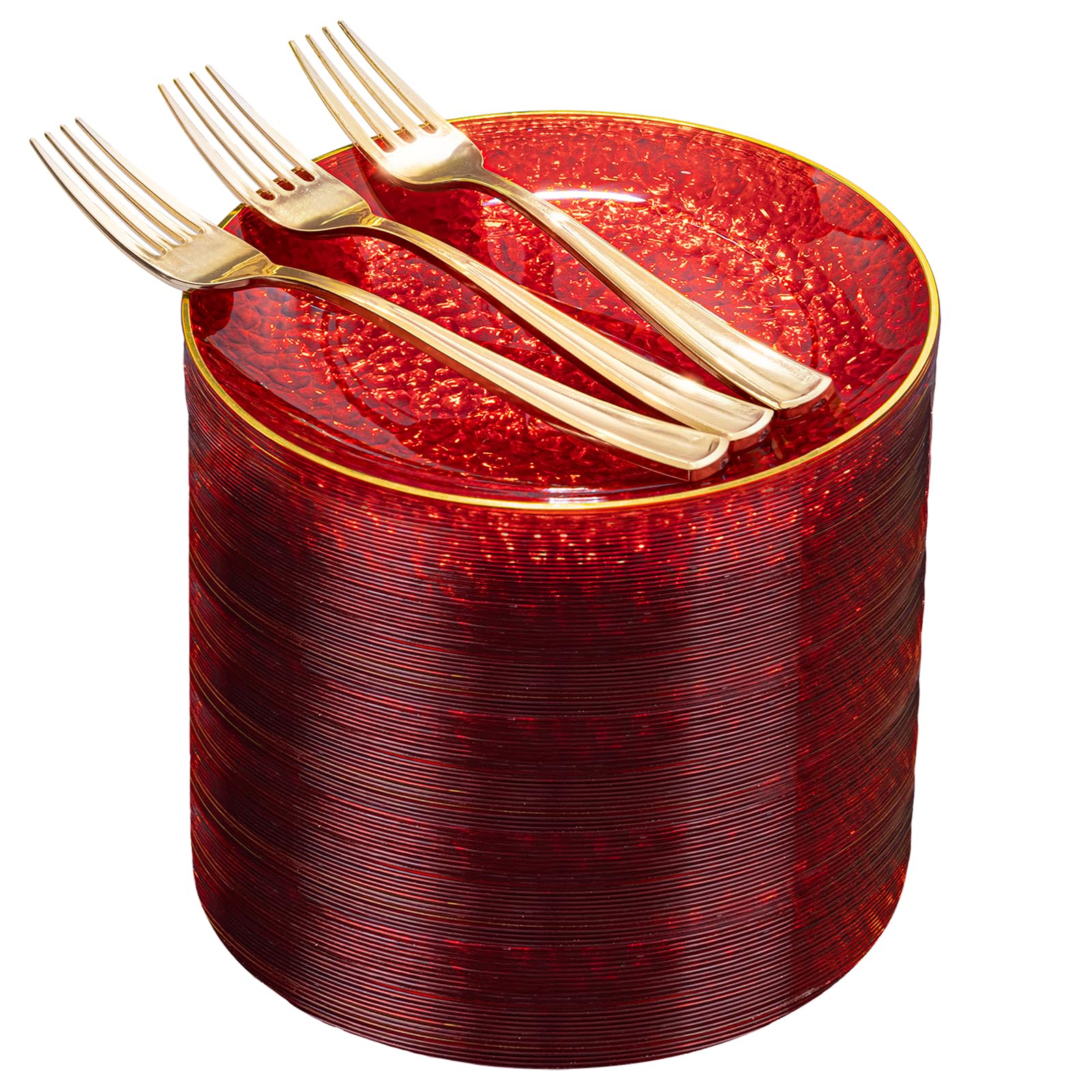 DaYammi 240Pcs Gold Plastic Plates Including 120Pcs Dessert Plates and 120Pcs Cake Forks,Hammered Party Plate,Clear Gold Appetizer plates Heavy duty Disposable Plastic Plate for Party Wedding Birthday