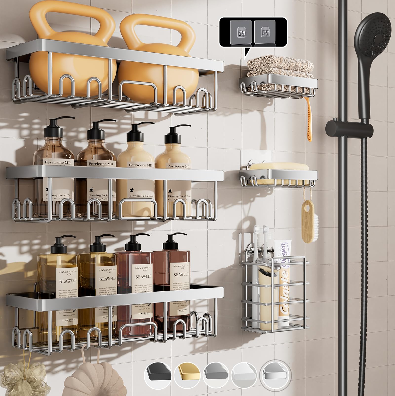 Veken Shower Caddy 6-Pack, Advanced Rustproof Design, No Drilling Adhesive Shelves, Rack with Soap Holder, Large Capacity Bathroom Organizers and Storage, Wall-Mounted Kitchen & Home Decor