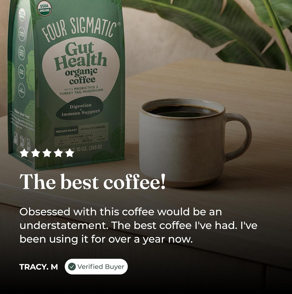 Four Sigmatic Gut Health Organic Ground Coffee | Medium Roast, Immune Boosting Probiotic Mushroom Coffee with Chaga & Turkey Tail for Gut Health & Immune Support | 12oz Bag