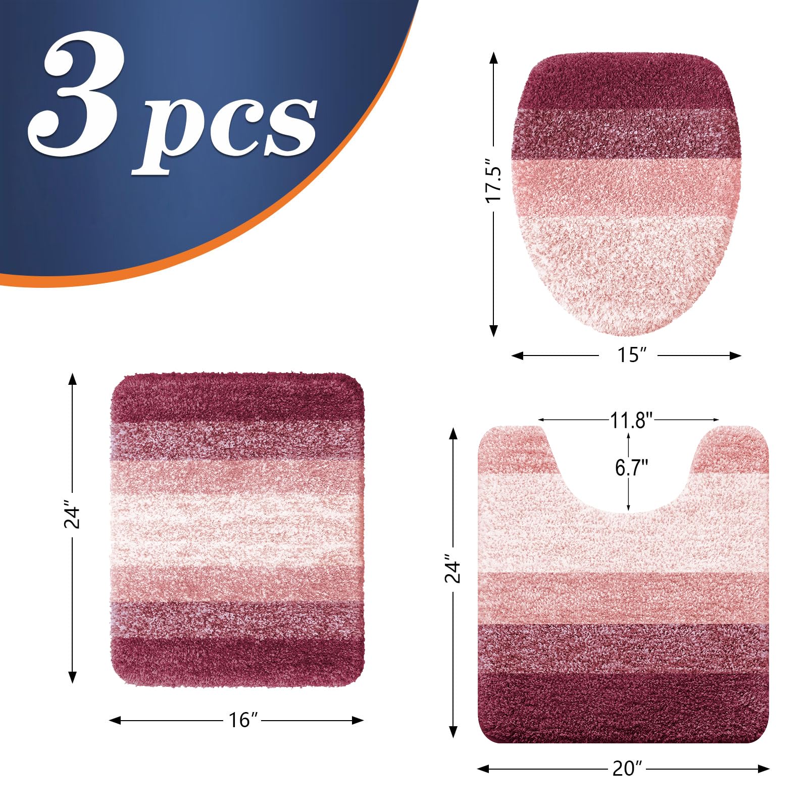 OLANLY Bathroom Rugs Sets 3 piece, Soft Microfiber Absorbent Bath Mat, U-Shaped Contour Toilet Mat and Toilet Lid Cover, Quick Dry, Machine Washable, Toilet Cover and Rug Set for Bathroom, Grey