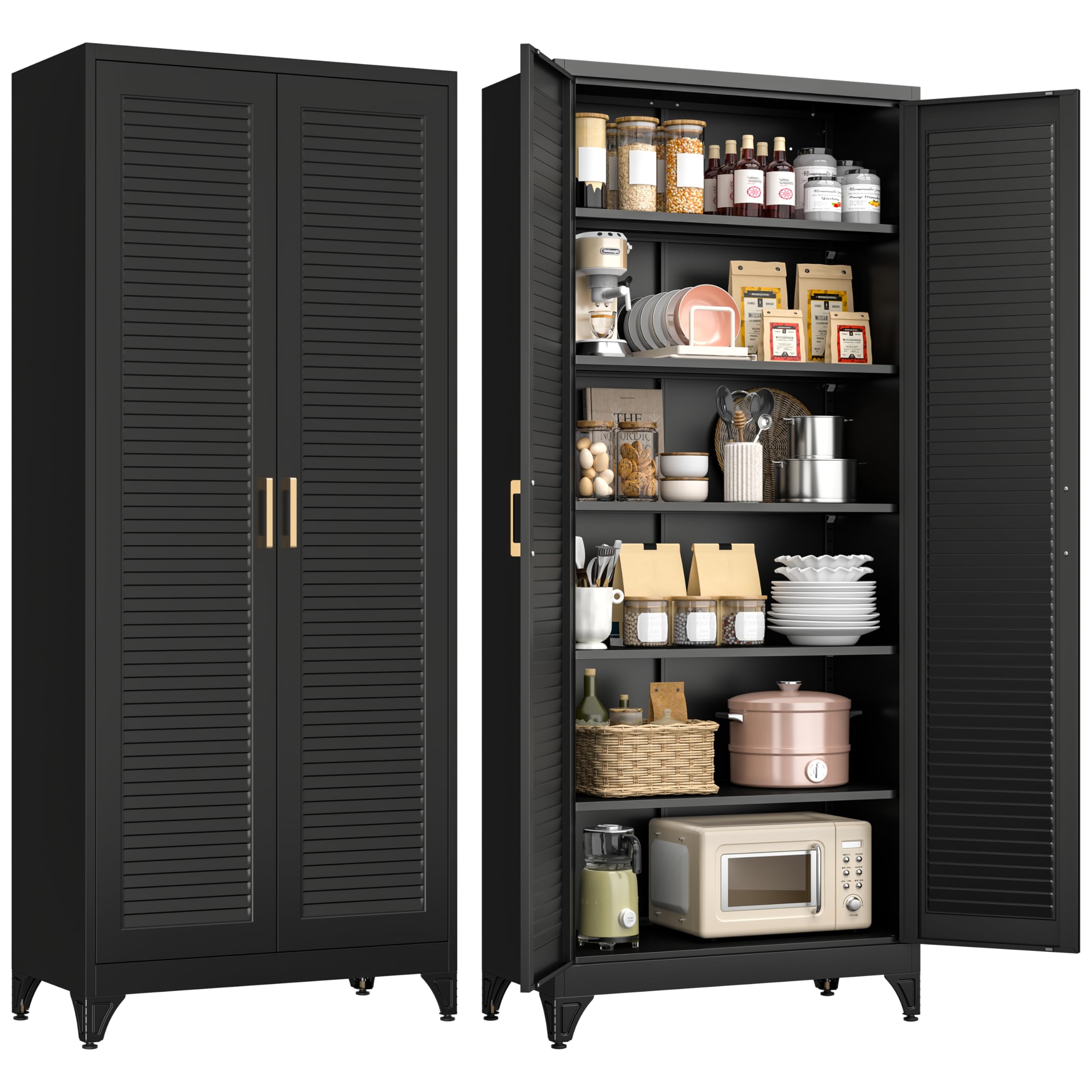 Polup White Kitchen Pantry Cabinet, 71 Inch Tall Metal Storage Cabinet with Doors and Shelves, Pantry Cabinets for Kitchen Storage, Freestanding Cupboard for Living, Dining Room, Assemble Required