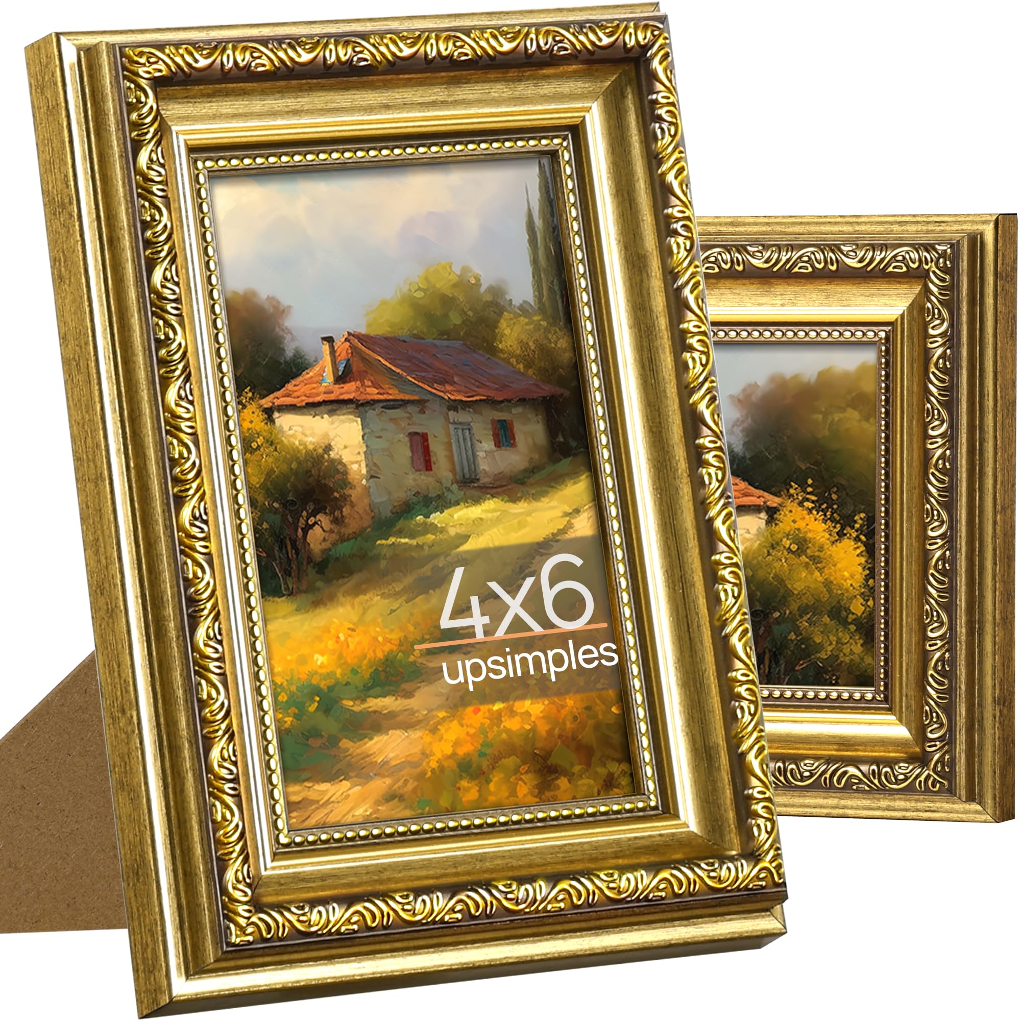 upsimples 5x7 Picture Frame with Real Glass, Ornate Vintage 5 x 7 Photo Frames for Wall Decor or Tabletop Display, Gold, 2 Pack