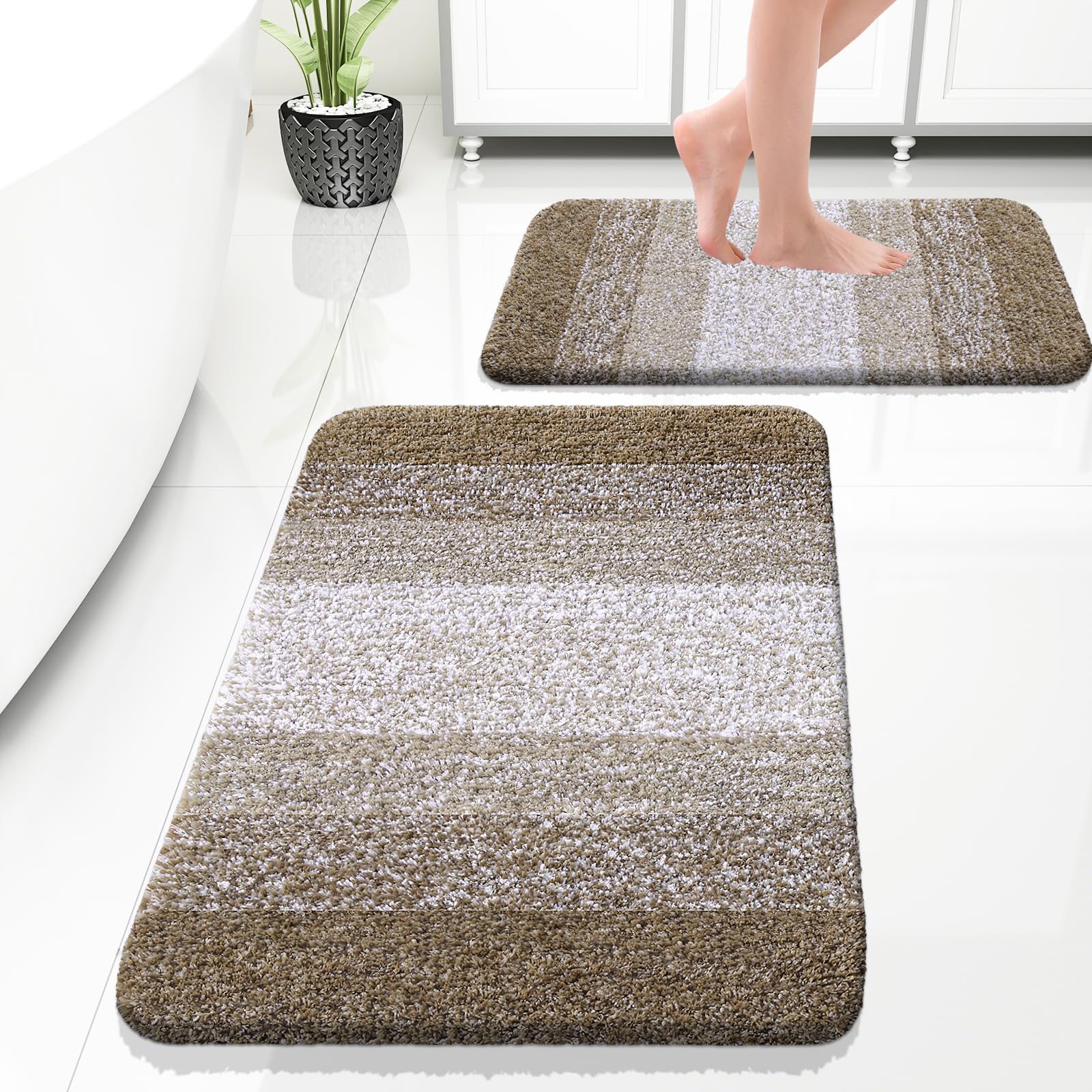 OLANLY Bathroom Rug Set 2 Piece, Soft Absorbent Microfiber Bath Mats and U-Shaped Contour Toilet Rug, Non-Slip, Machine Wash Dry, Plush Shaggy Bath Mats for Bathroom (24"x16"+24"x20", Grey)
