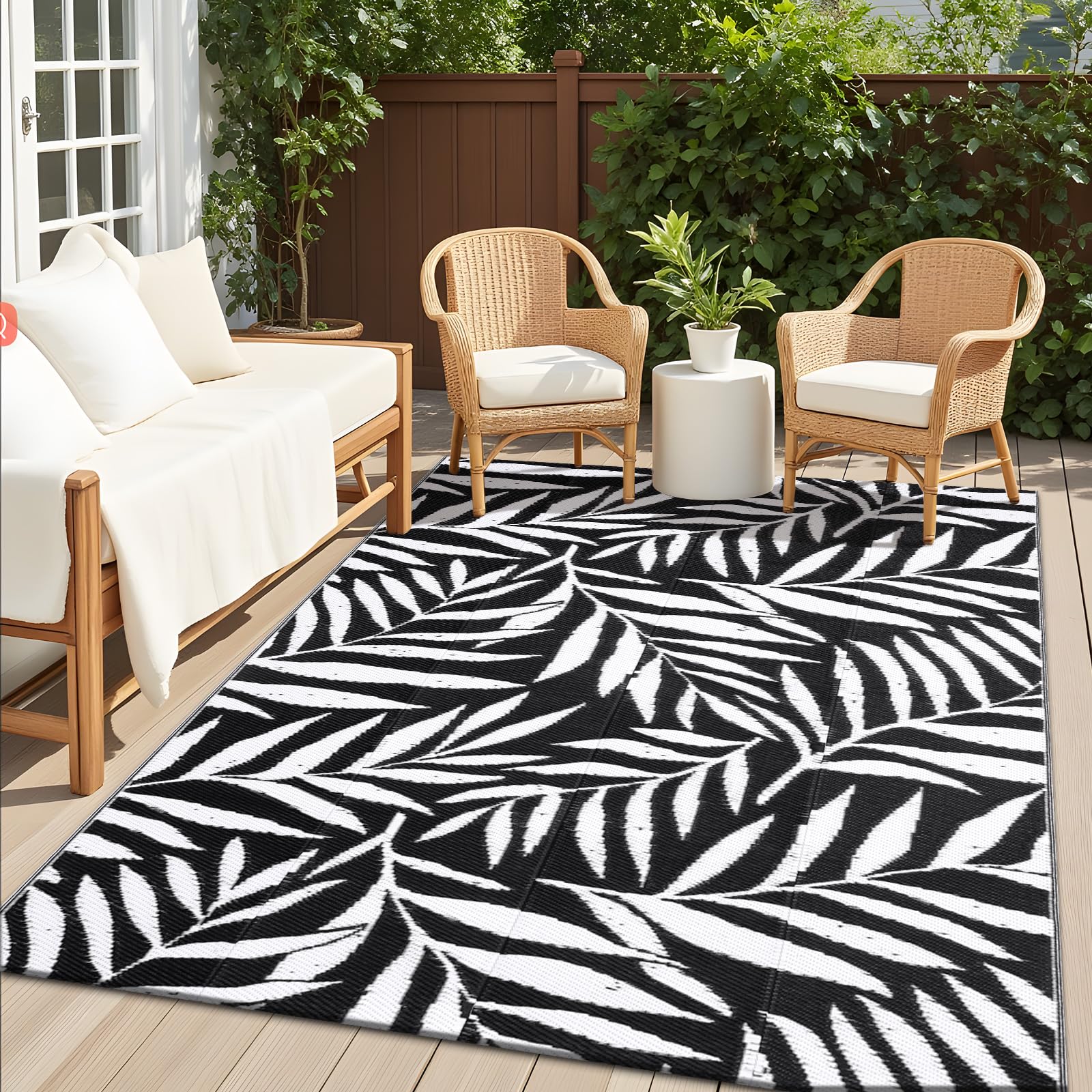 OLANLY Waterproof Outdoor Rug 5x8 ft, Reversible Outdoor Plastic Straw Rug with Leaf Pattern, RV Mat, Indoor Outdoor Carpet for Patio, Camping, Balcony, Deck, Backyard, Grey & White