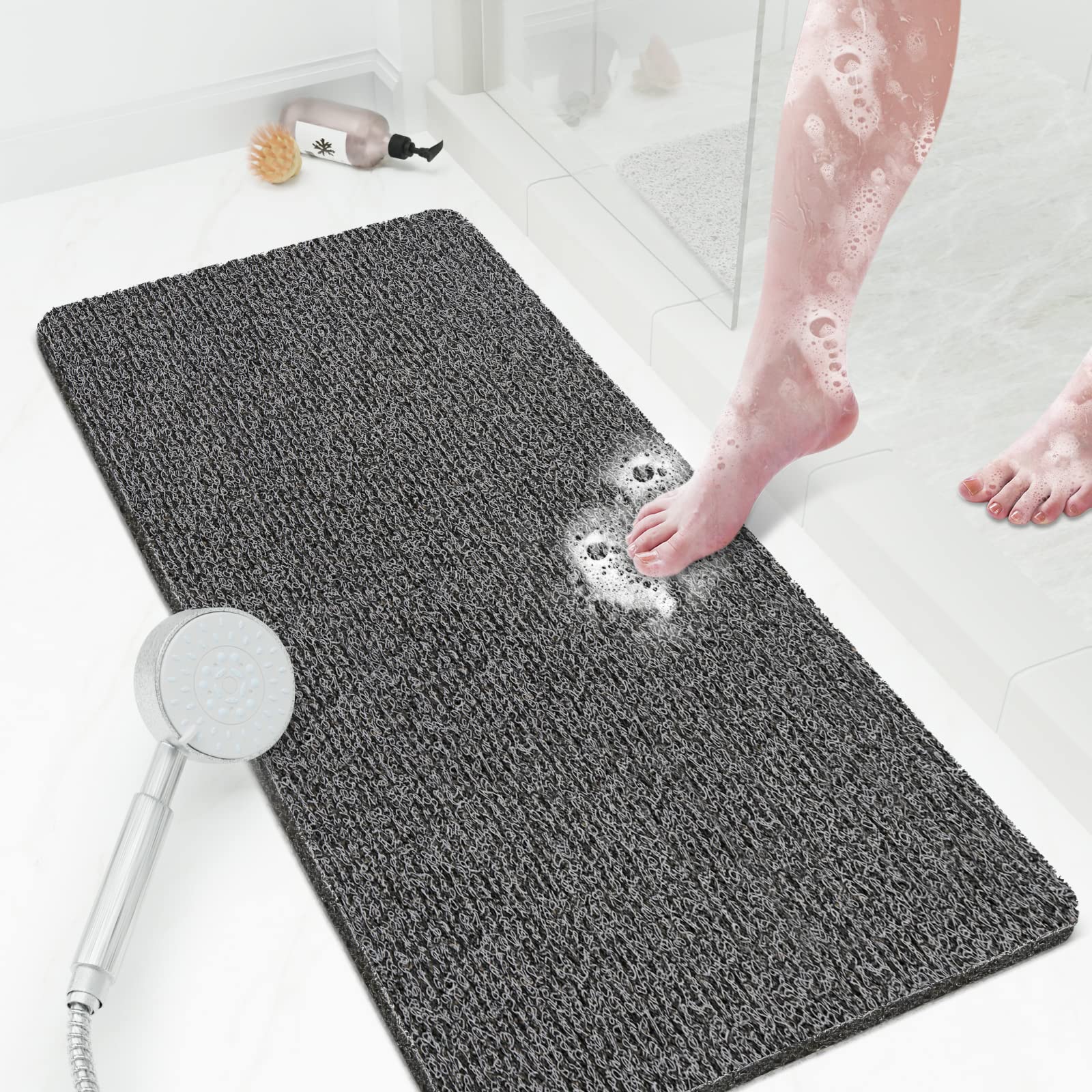 PVC Loofah Shower/Bathtub Mat Non-Slip, 24x16 inch, Soft Tub Mat with Drain, for Tub and Bathroom,Quick Drying,Grey