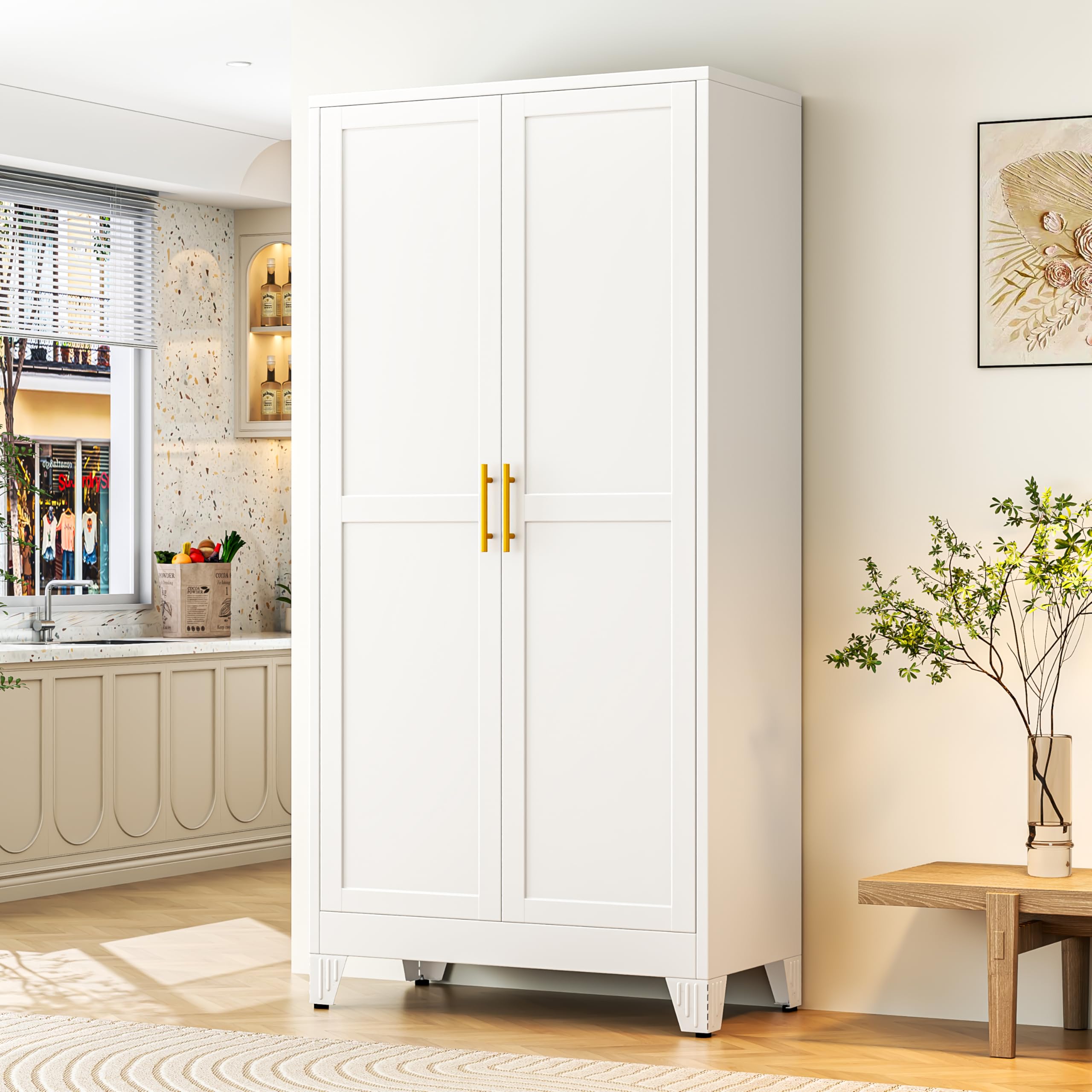 GAIOUS Metal Pantry Cabinet, Kitchen Pantry Storage Cabinets with 2 Door and 3 Adjustable Shelves, White Kitchen Pantry Cabinet, Freestanding Cupboard for Dining Room Living Room Bathroom