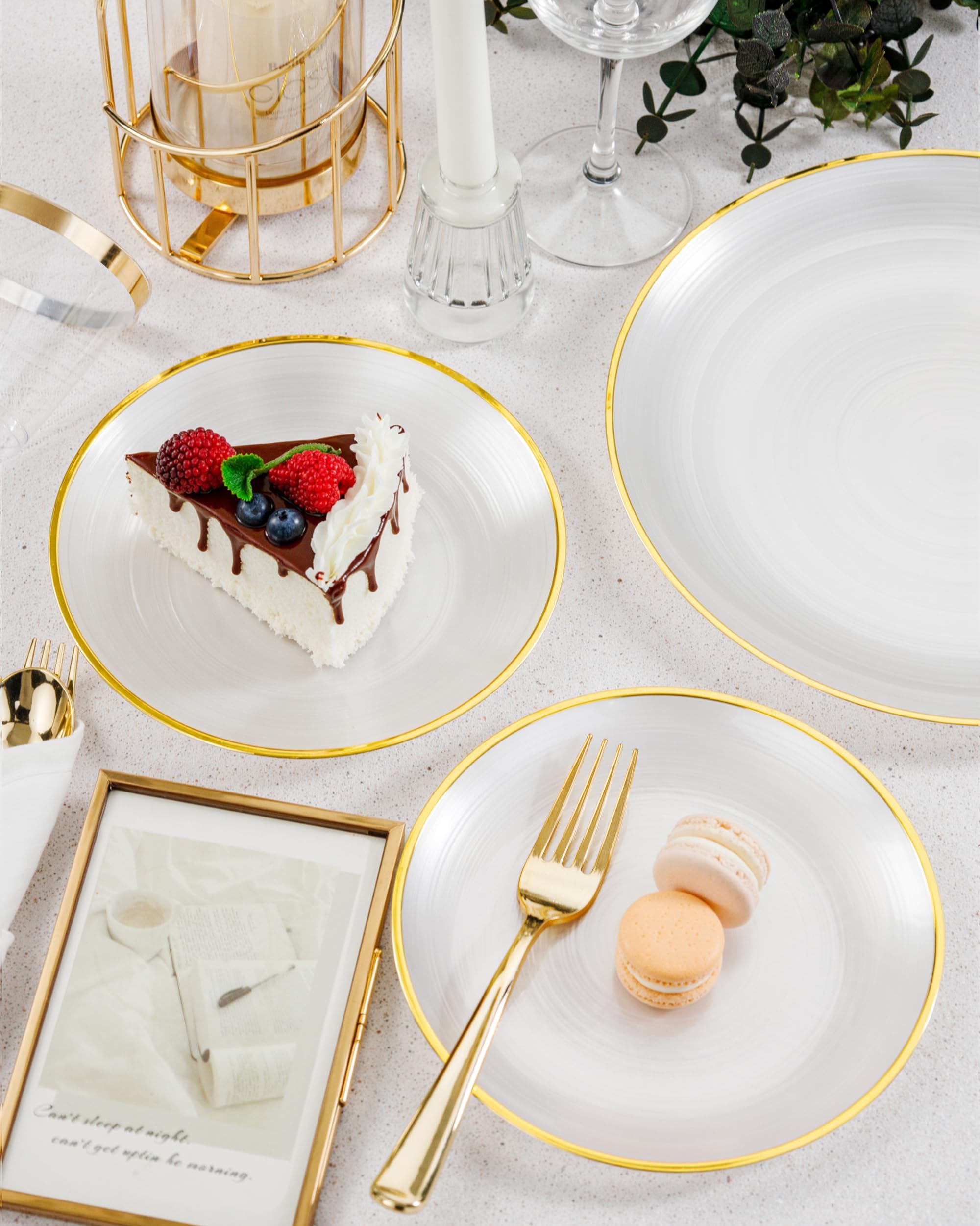 Morejoy 60Pcs Brown Plastic Plates,Brown Disposable Plates With Gold Rim, Gold Party Dinnerware Set Include 30 Dessert plates,30 Dinner plates for Party & Wedding